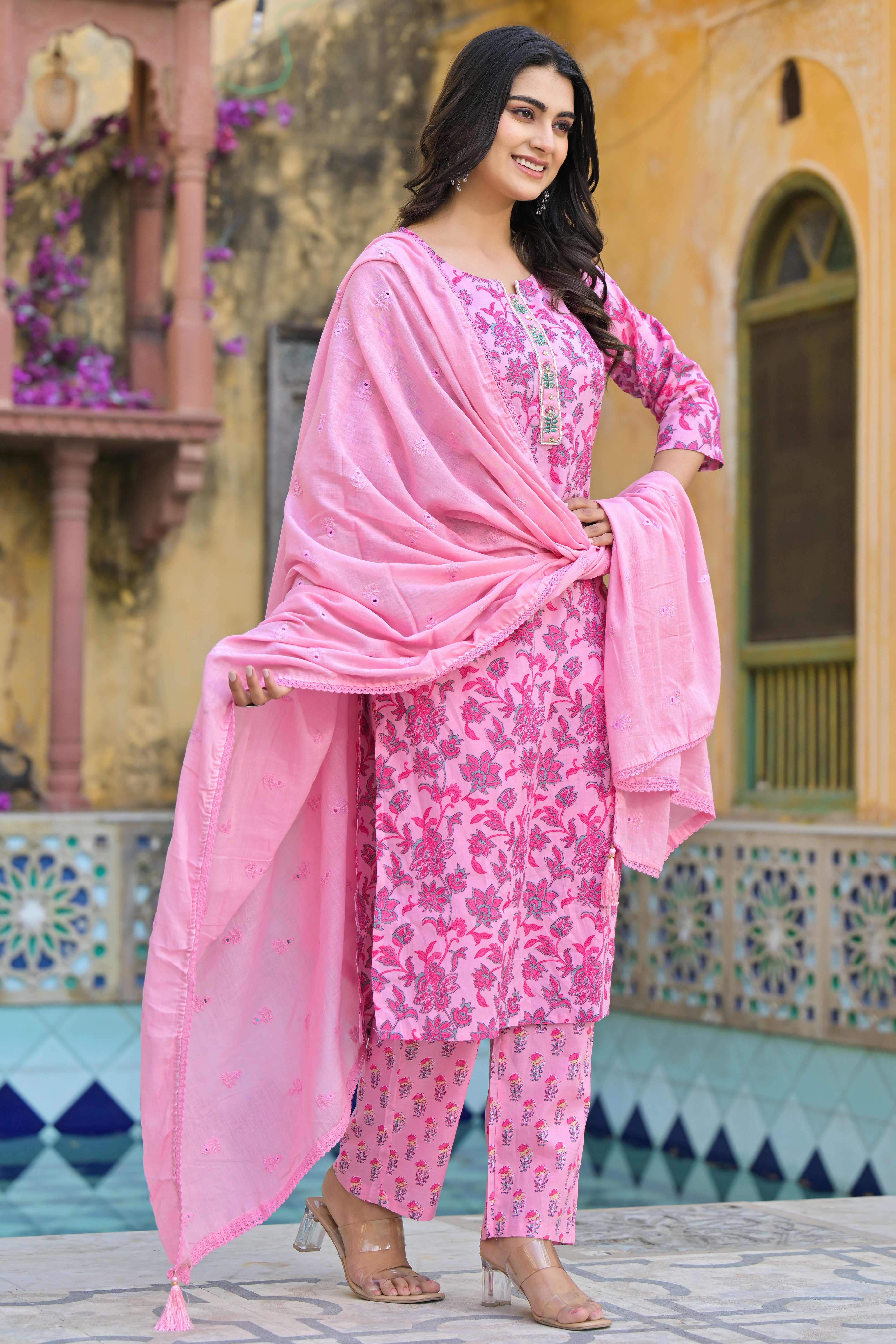 Blush Pink Floral Printed Pure Cotton Straight Salwar Suit - Image 3