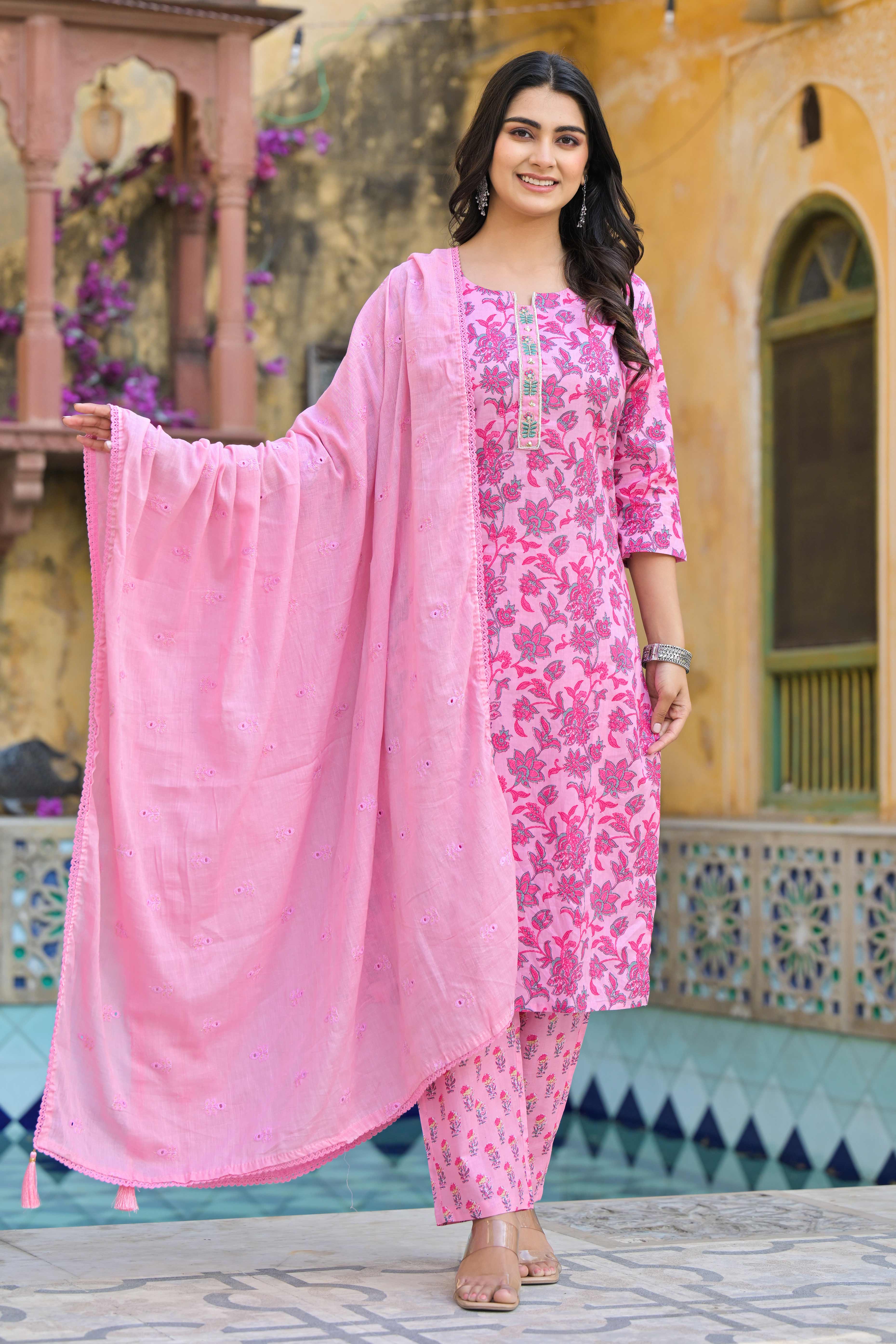 Blush Pink Floral Printed Pure Cotton Straight Salwar Suit - Image 4
