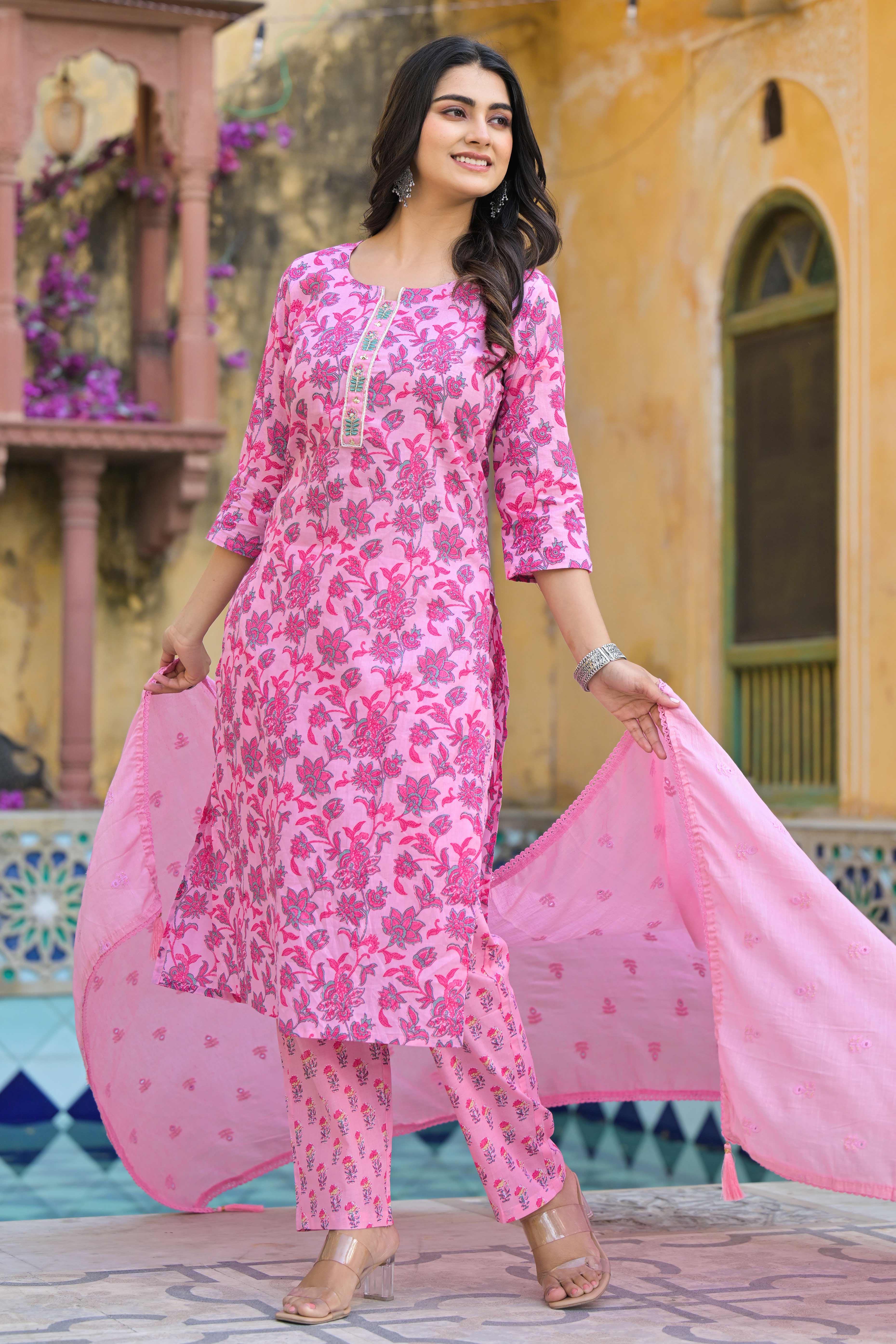 Blush Pink Floral Printed Pure Cotton Straight Salwar Suit - Image 5