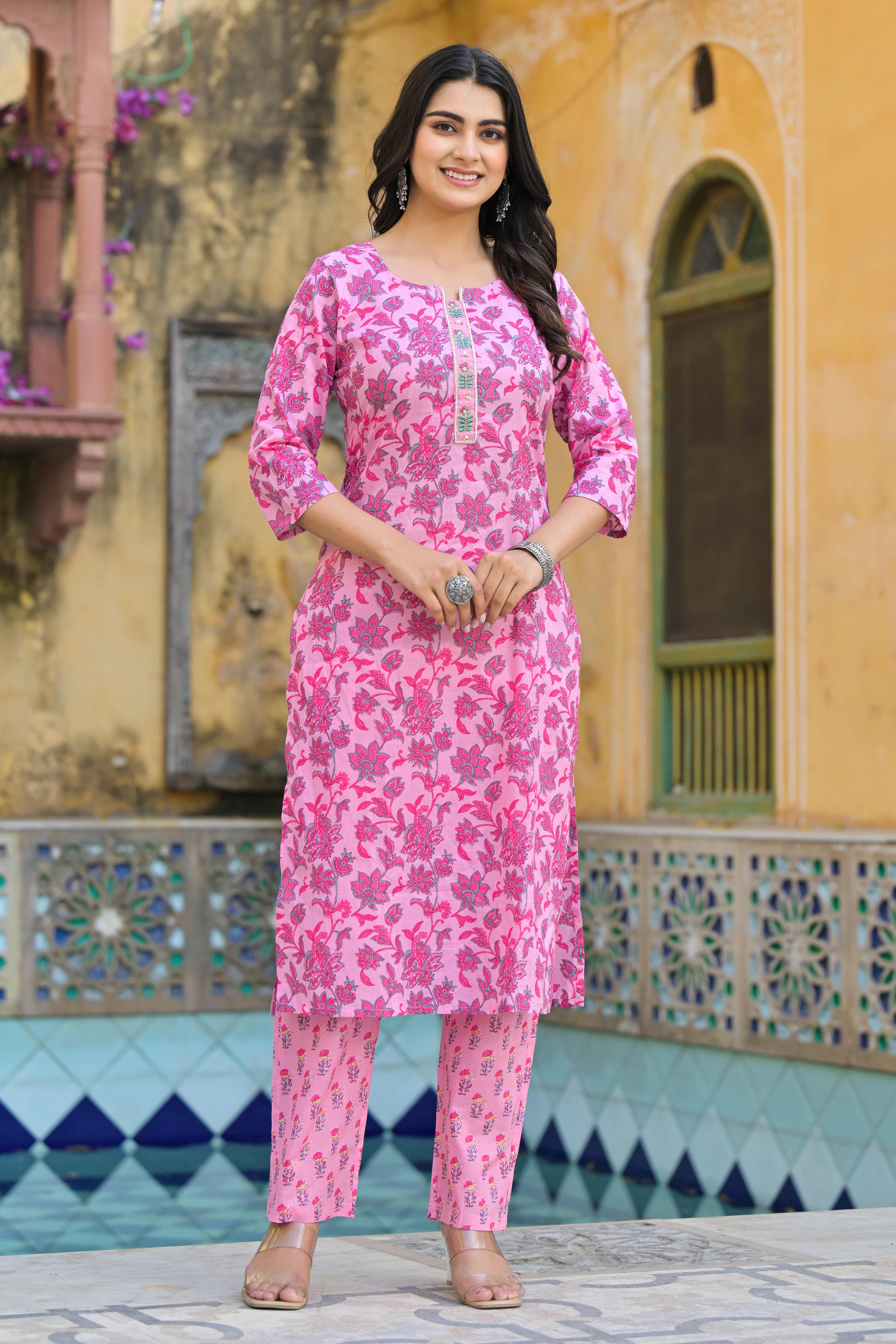 Blush Pink Floral Printed Pure Cotton Straight Salwar Suit - Image 6