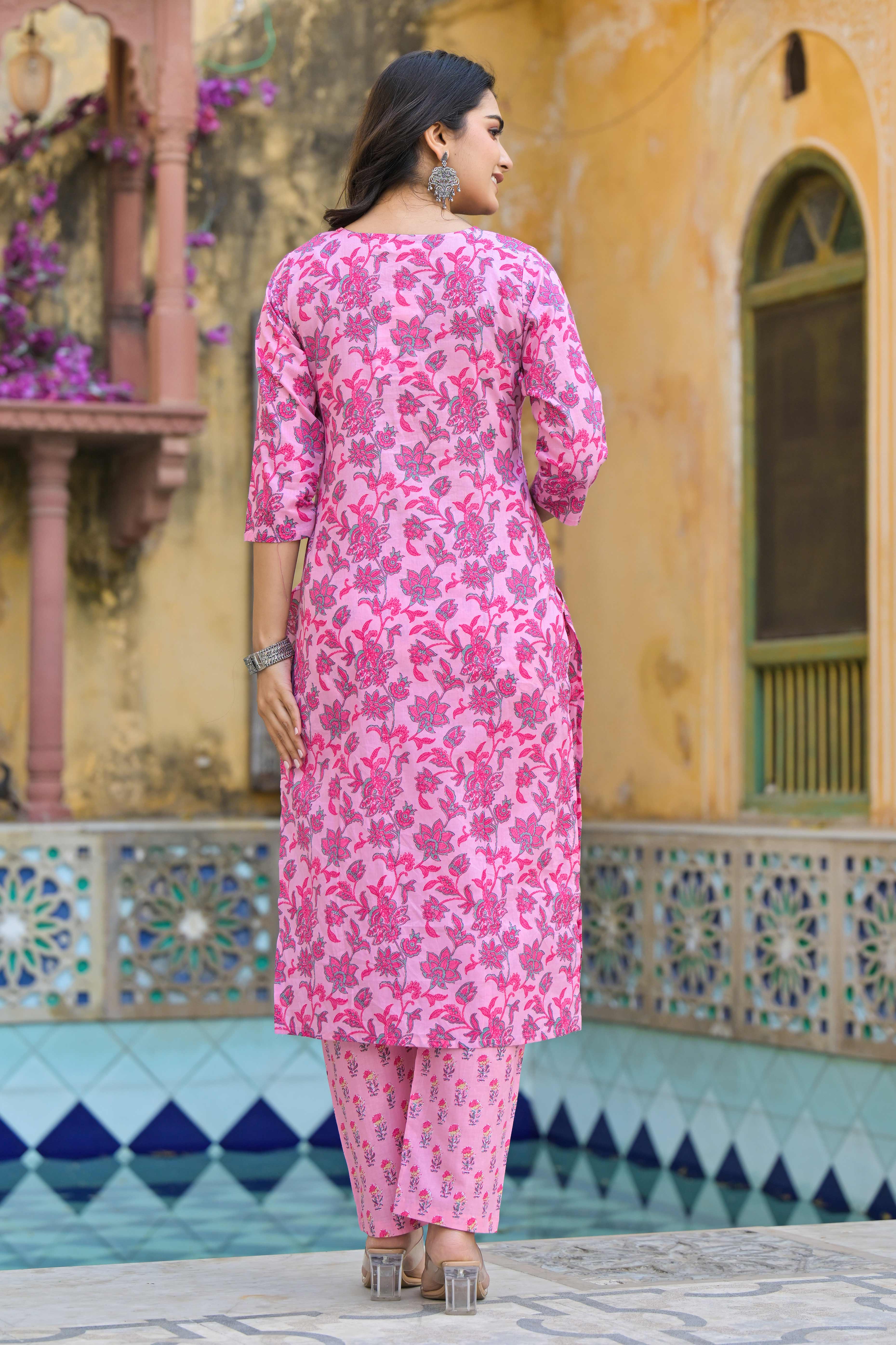 Blush Pink Floral Printed Pure Cotton Straight Salwar Suit - Image 7