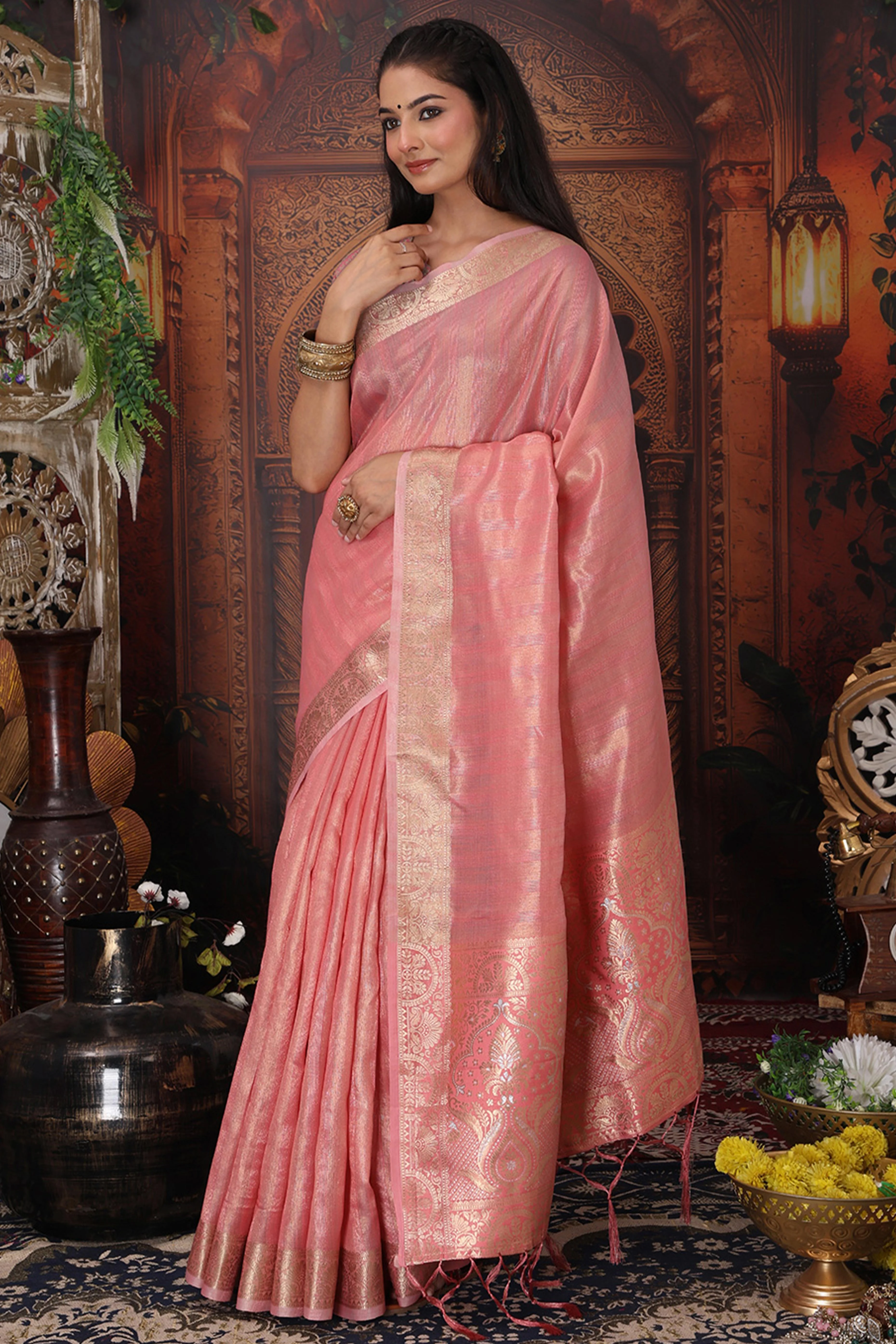 Blush Pink Organza Saree Adorned With Floral Zari Weaving & Graceful Tassel Pallu - Image 4