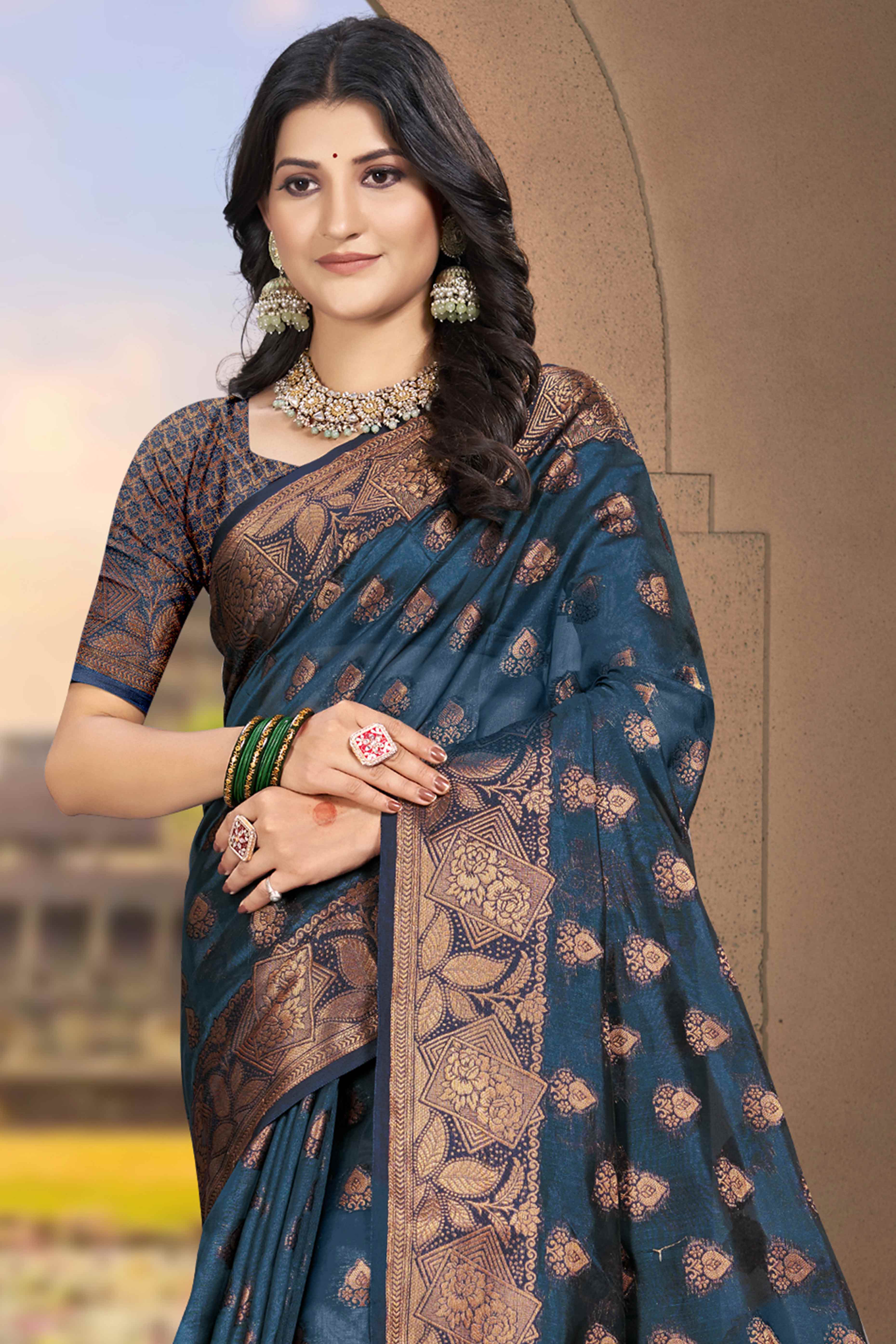 Bluyish Grey Floral Woven Cotton Silk Saree - Image 3