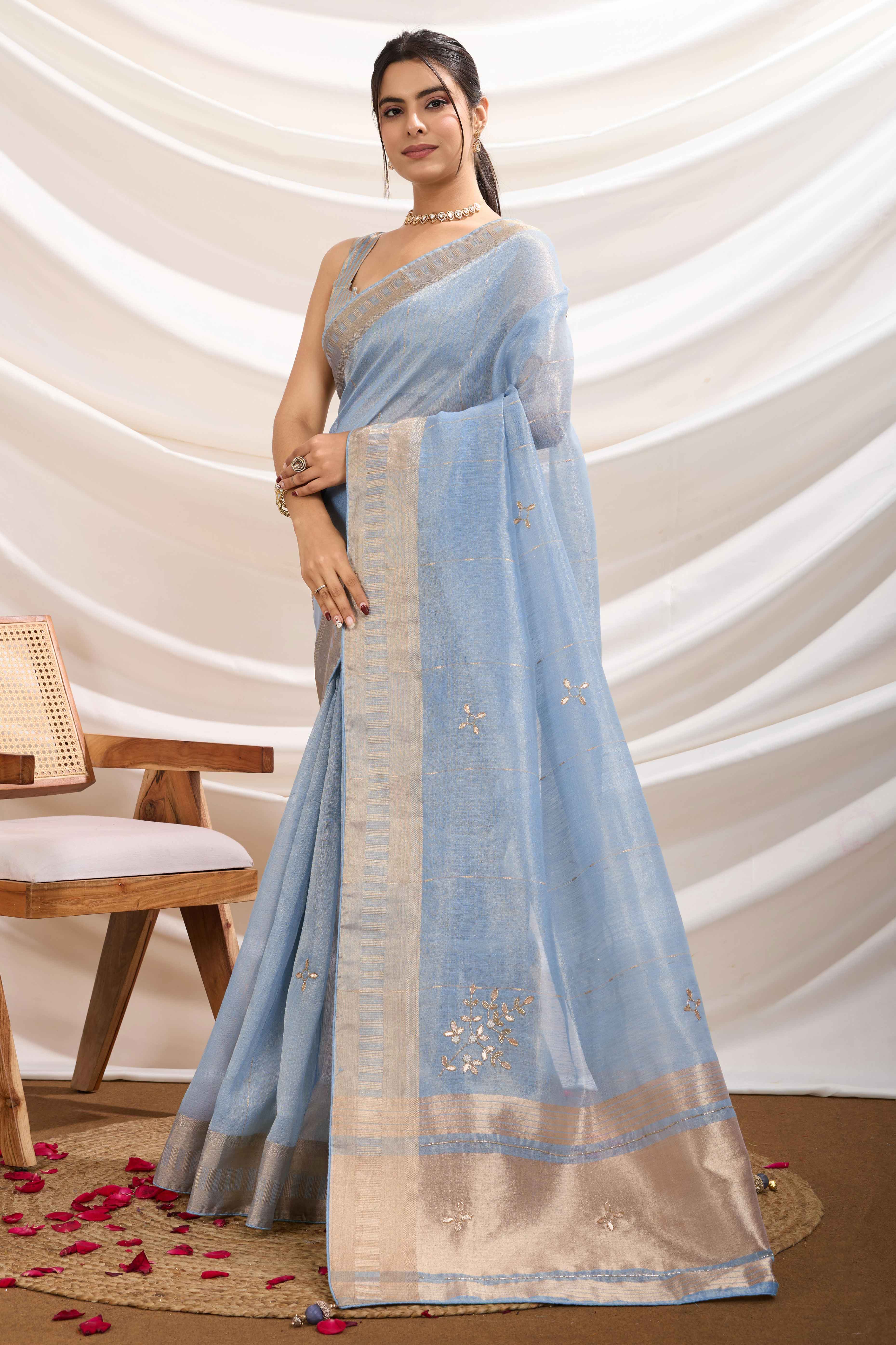 Bluyish Grey Linen Tissue Saree With Hand-Stitched Moti & Cutdana Work - Image 3