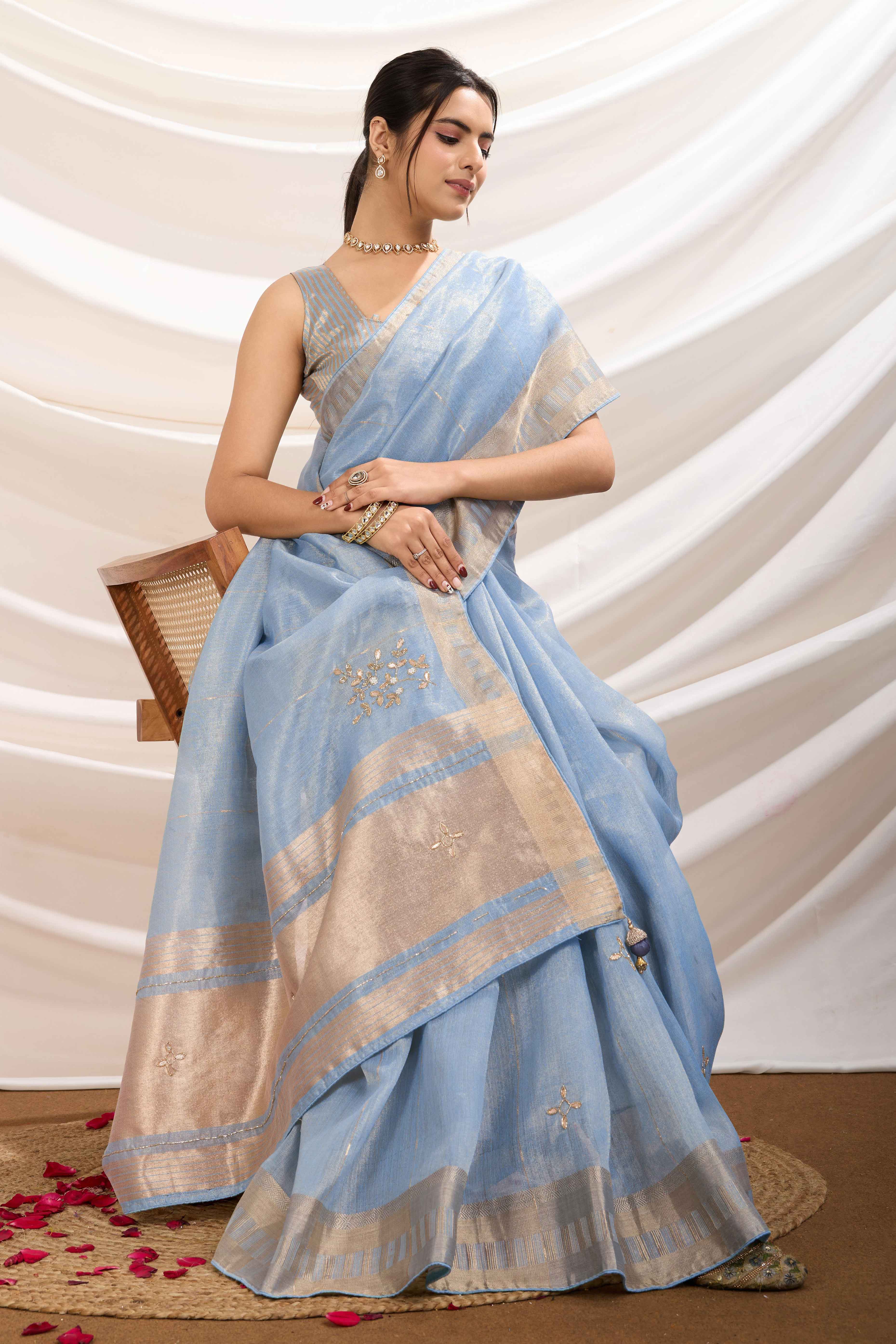 Bluyish Grey Linen Tissue Saree With Hand-Stitched Moti & Cutdana Work - Image 4