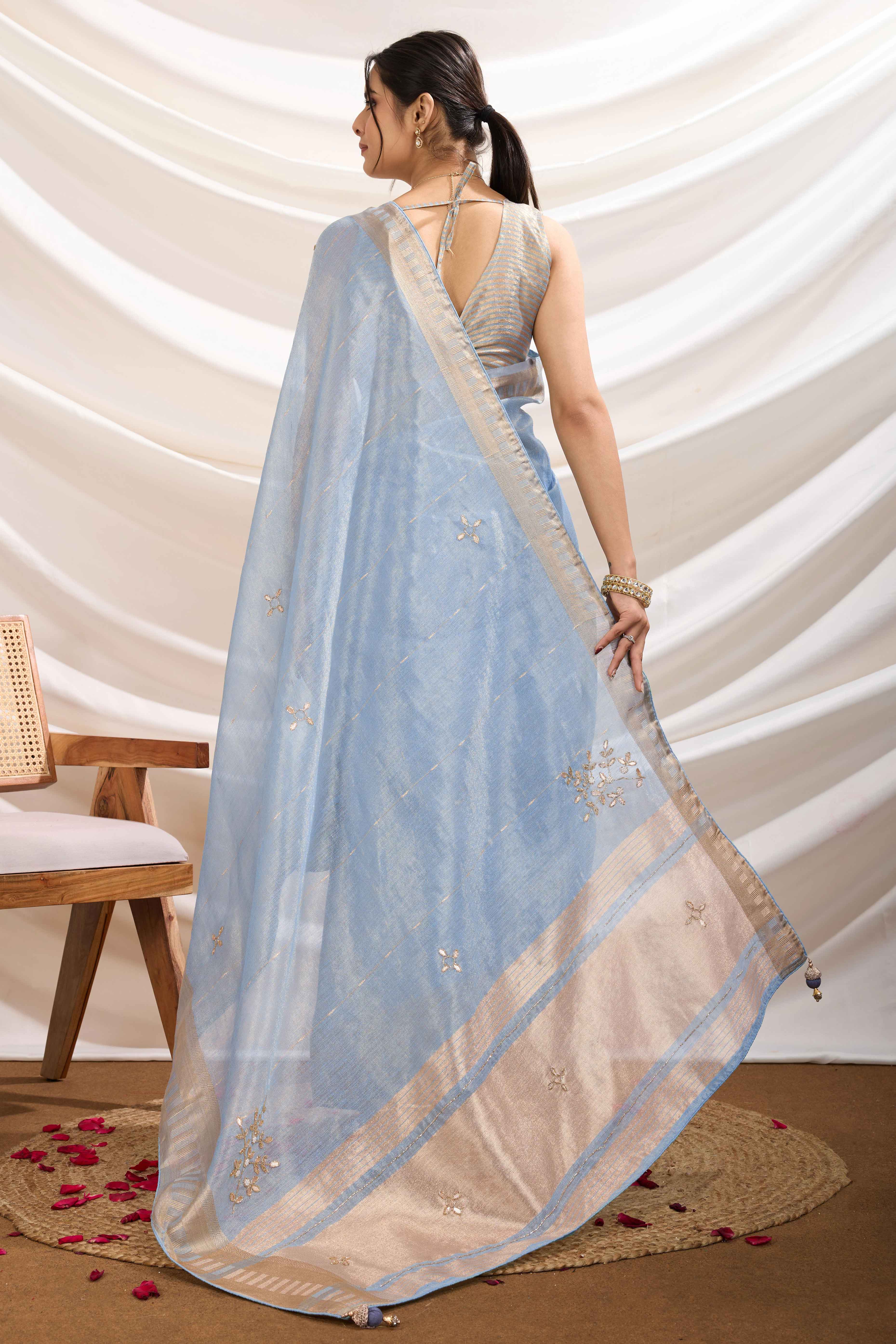 Bluyish Grey Linen Tissue Saree With Hand-Stitched Moti & Cutdana Work - Image 5