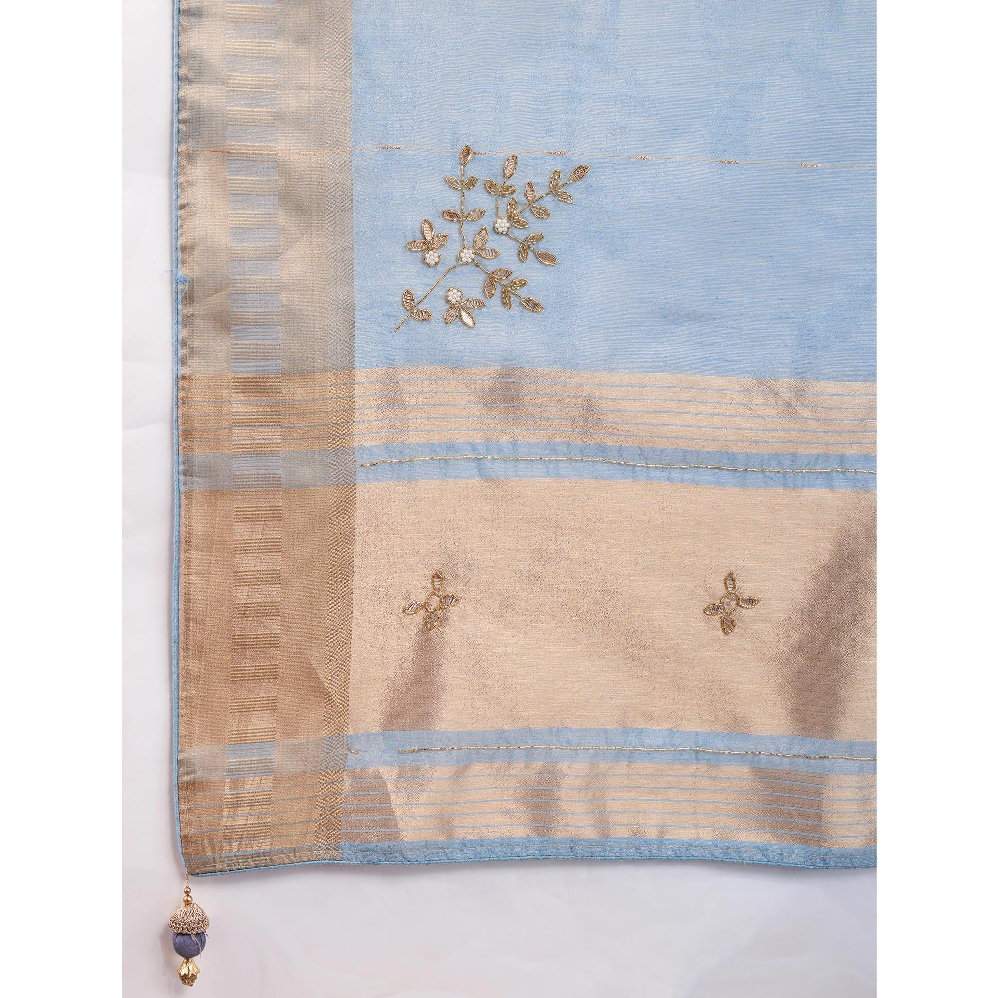 Bluyish Grey Linen Tissue Saree With Hand-Stitched Moti & Cutdana Work - Image 7