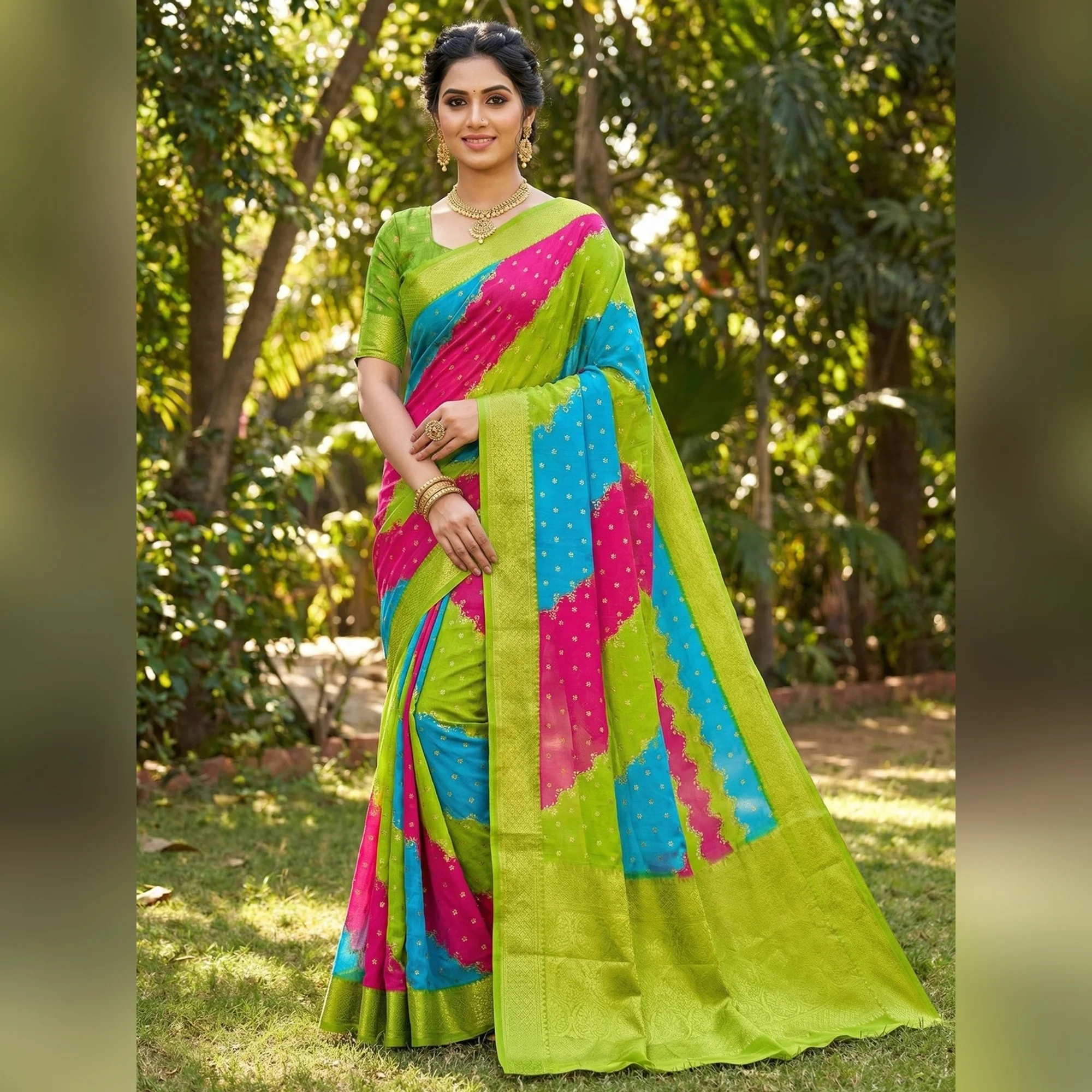 Bold Multicolor Striped Georgette Saree Highlighted with Zari Border
