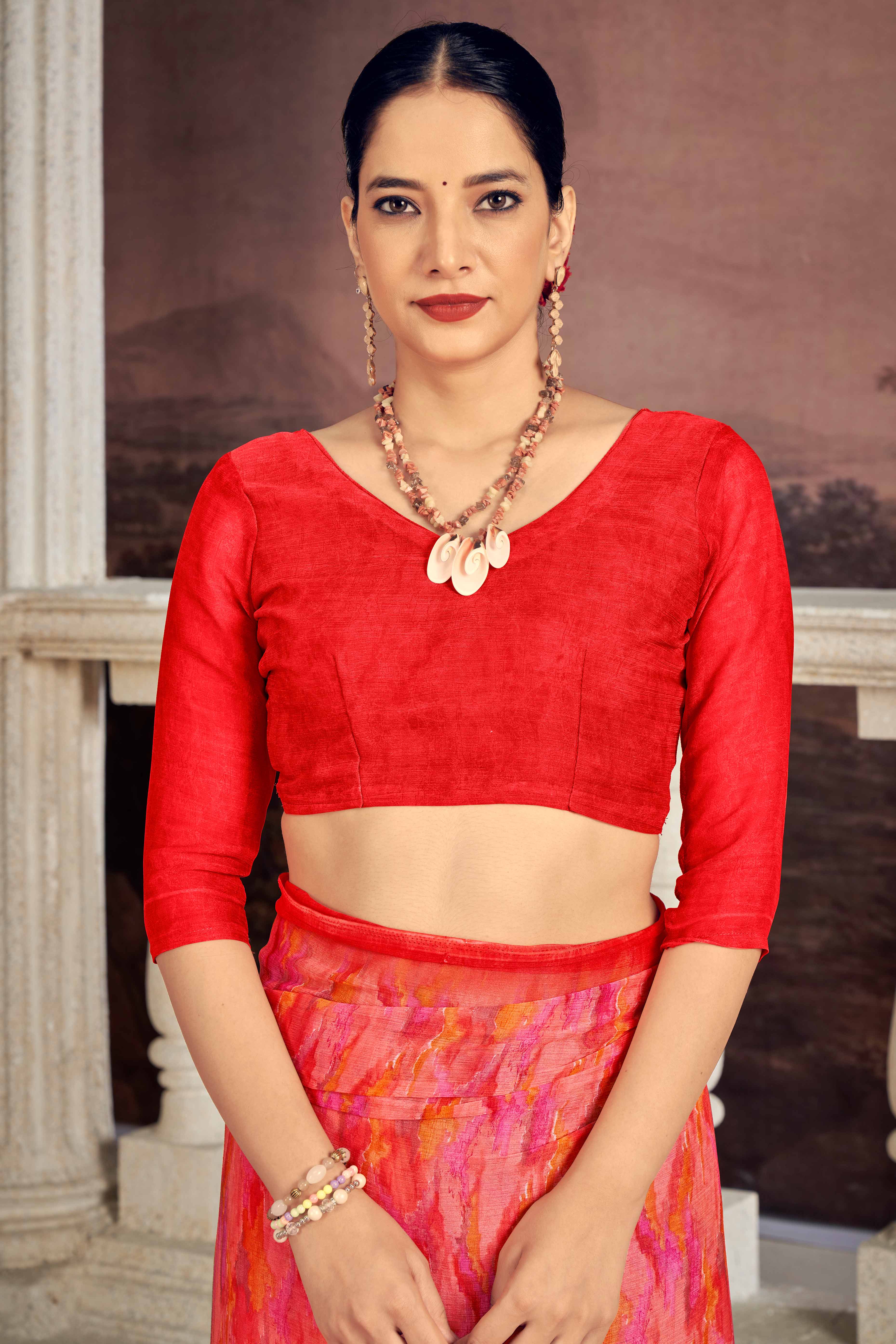 Bold Red Chiffon Saree With Artistic Abstract Prints - Image 3