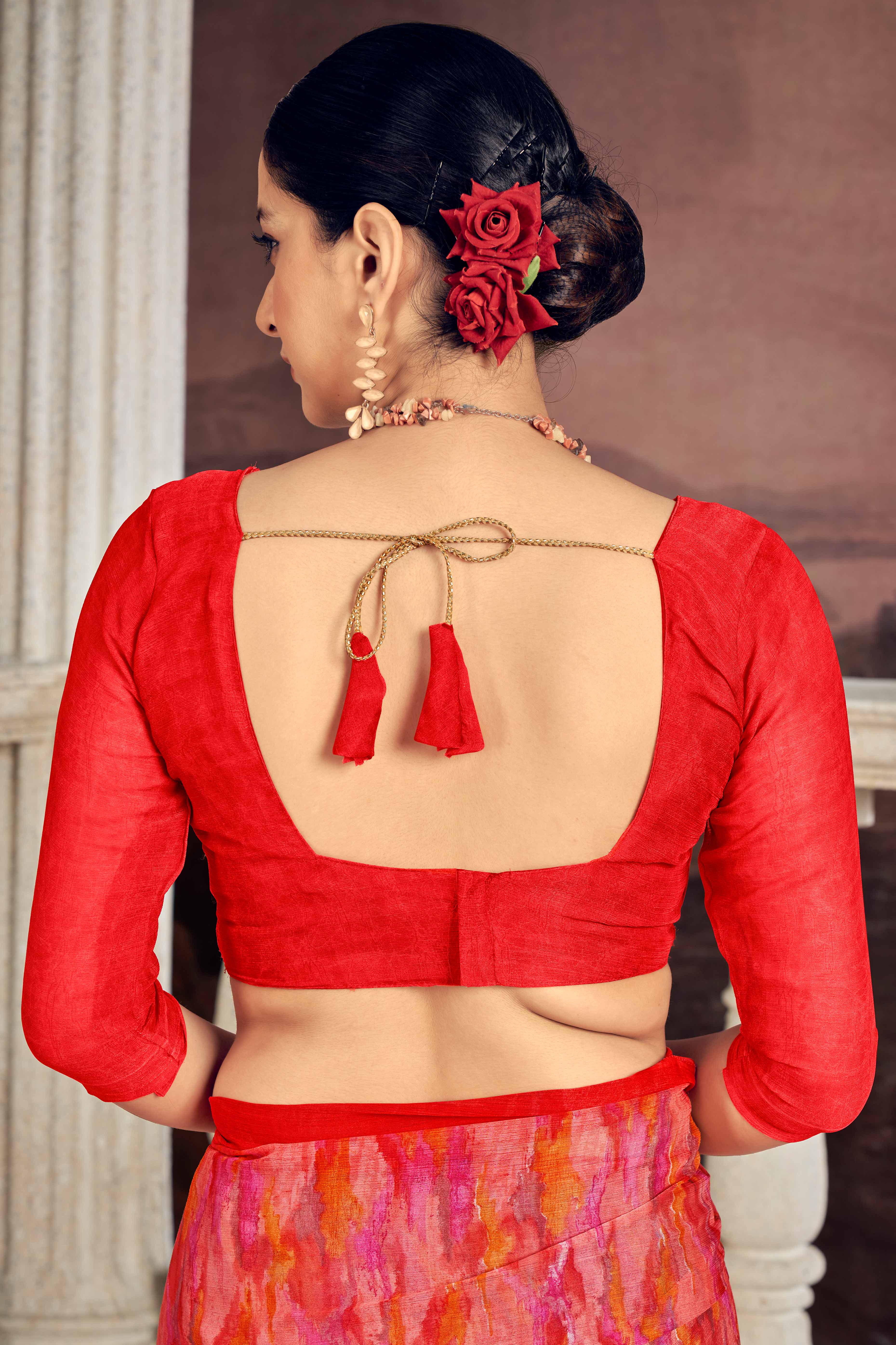 Bold Red Chiffon Saree With Artistic Abstract Prints - Image 4