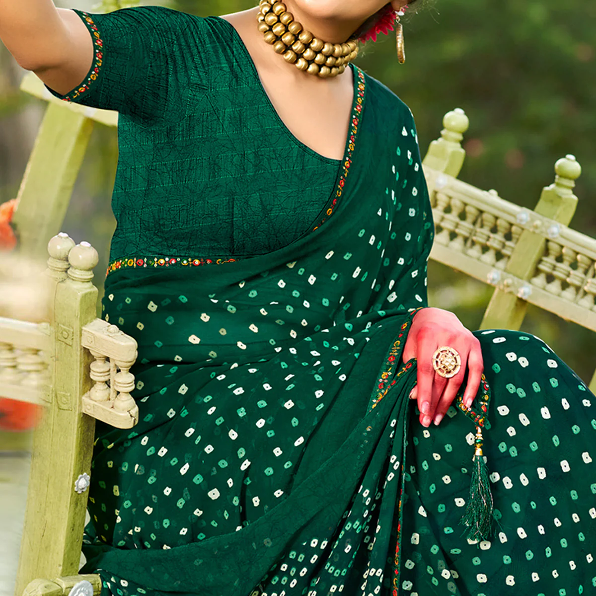 Bottle Green Bandhani Printed Georgette Saree - Image 2