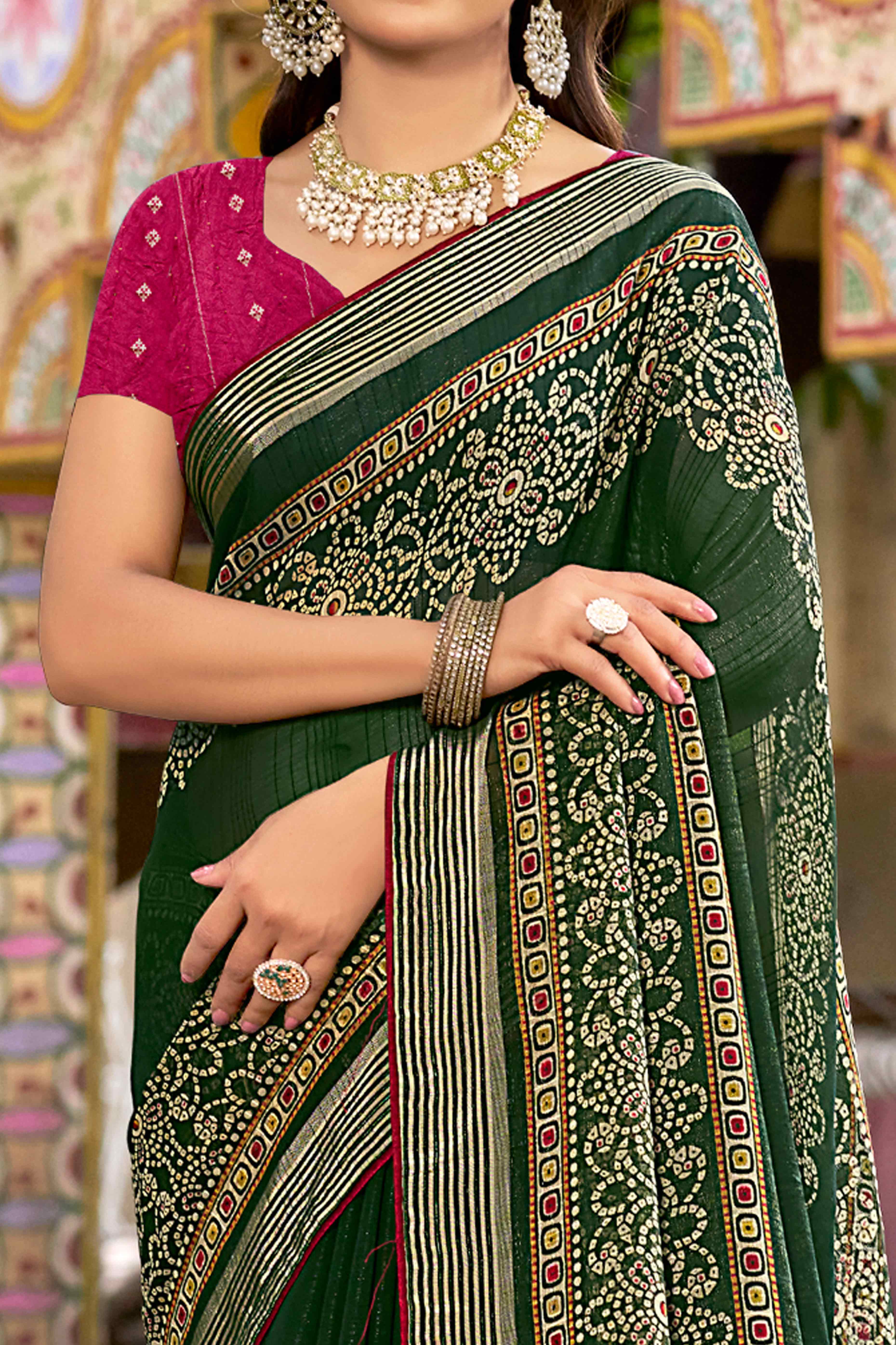 Bottle Green Bandhani Printed Shimmer Chiffon Saree - Image 2