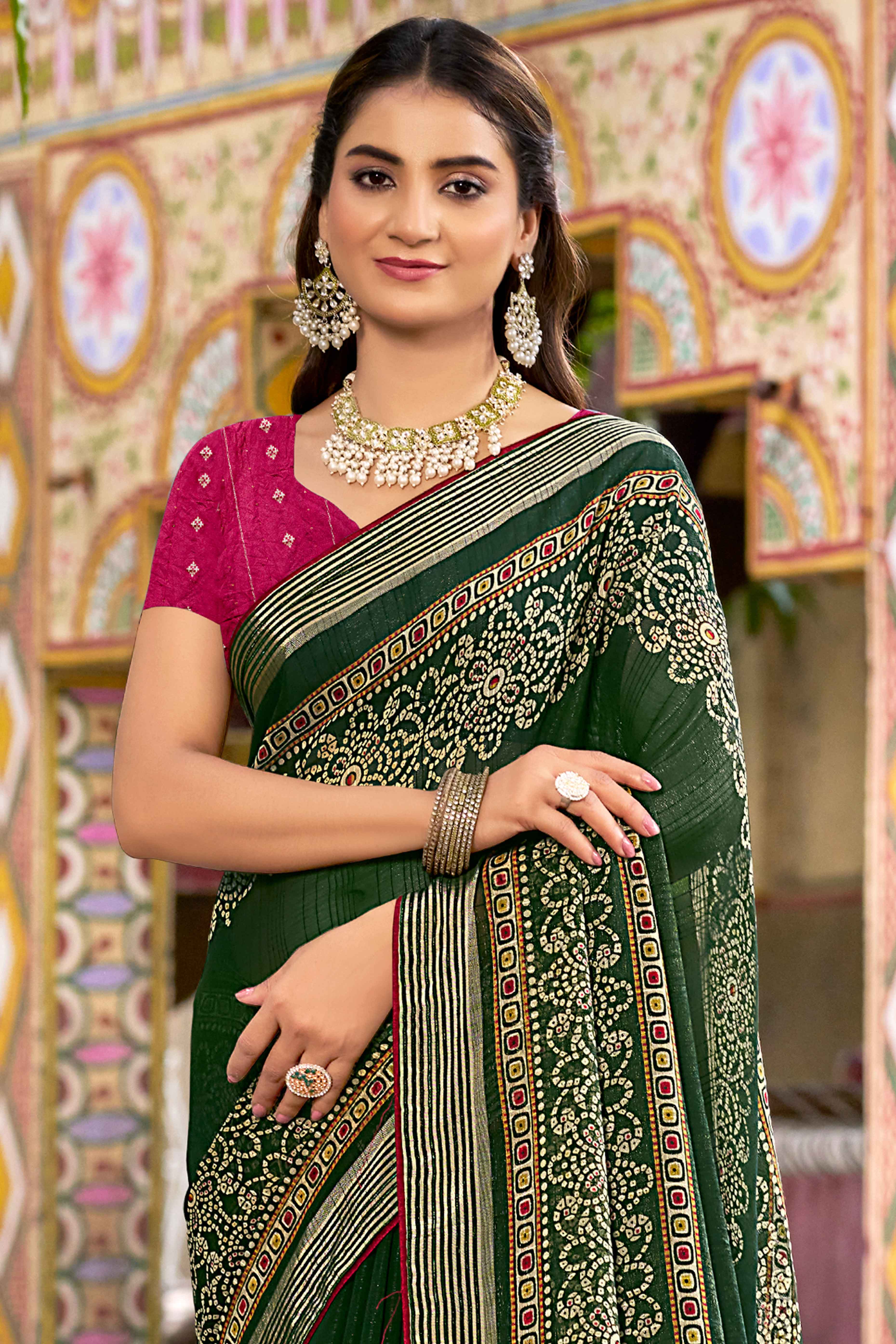 Bottle Green Bandhani Printed Shimmer Chiffon Saree - Image 3