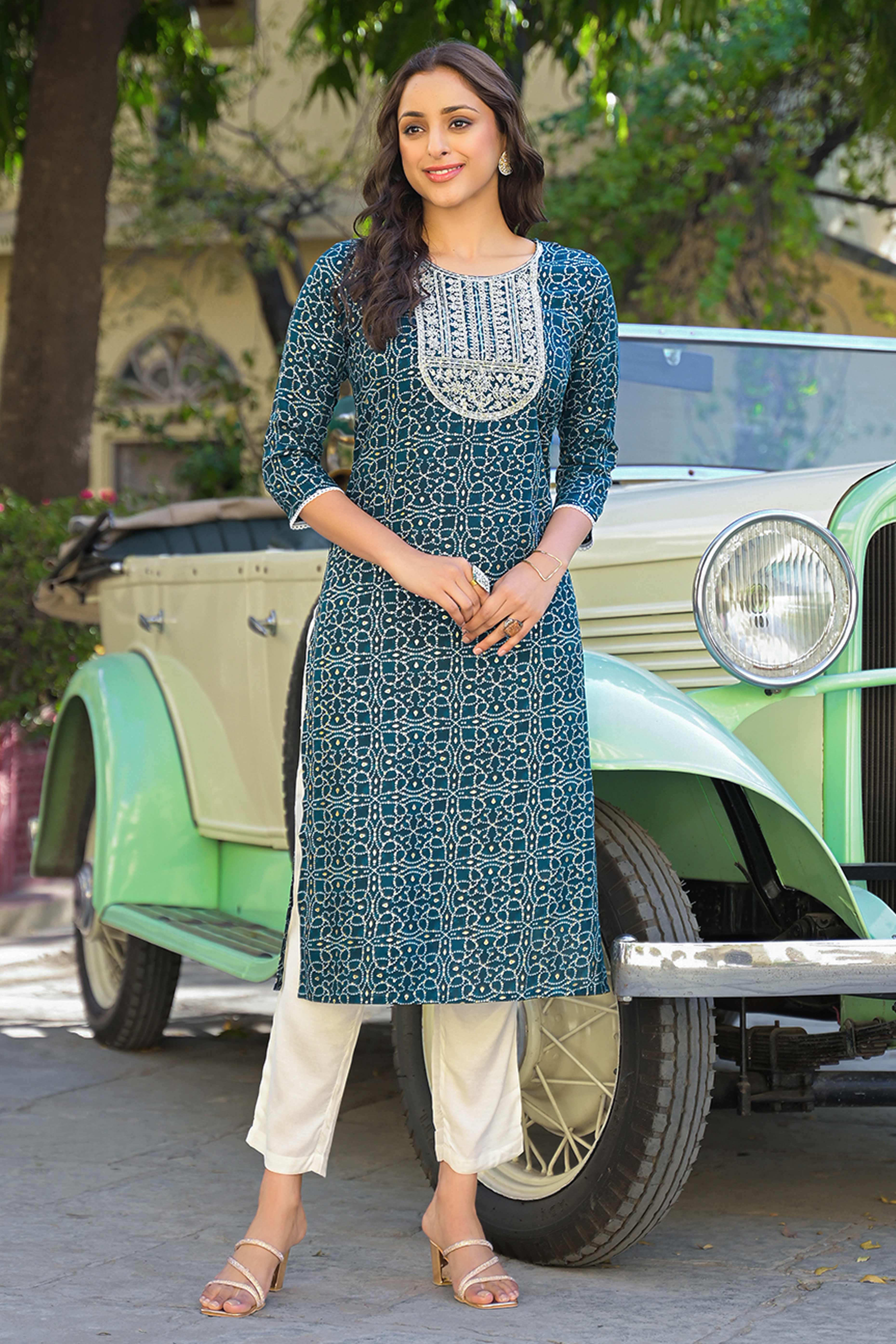 Bottle Green Bandhani Printed Thread Work Rayon Straight Kurti - Image 3