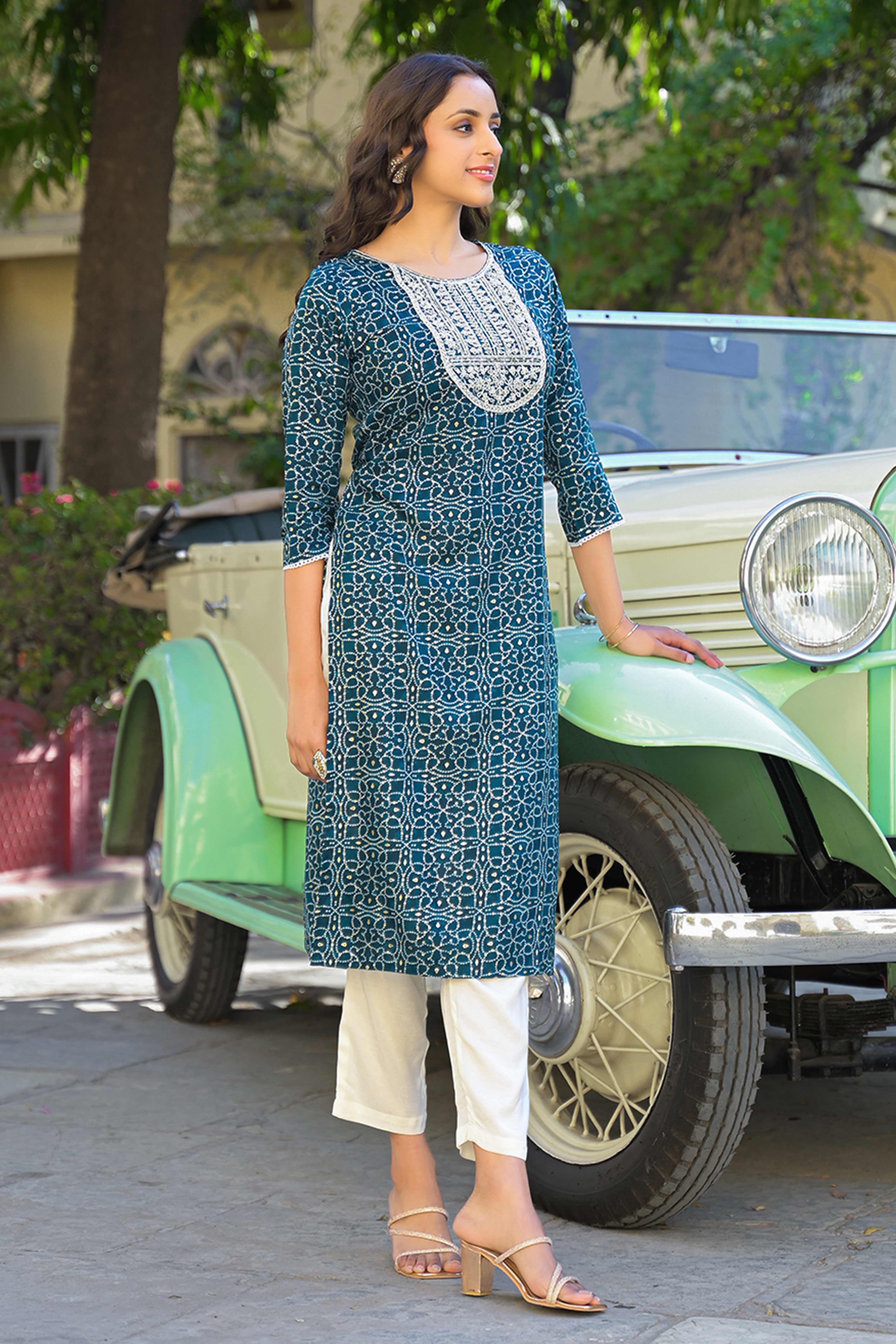 Bottle Green Bandhani Printed Thread Work Rayon Straight Kurti - Image 4