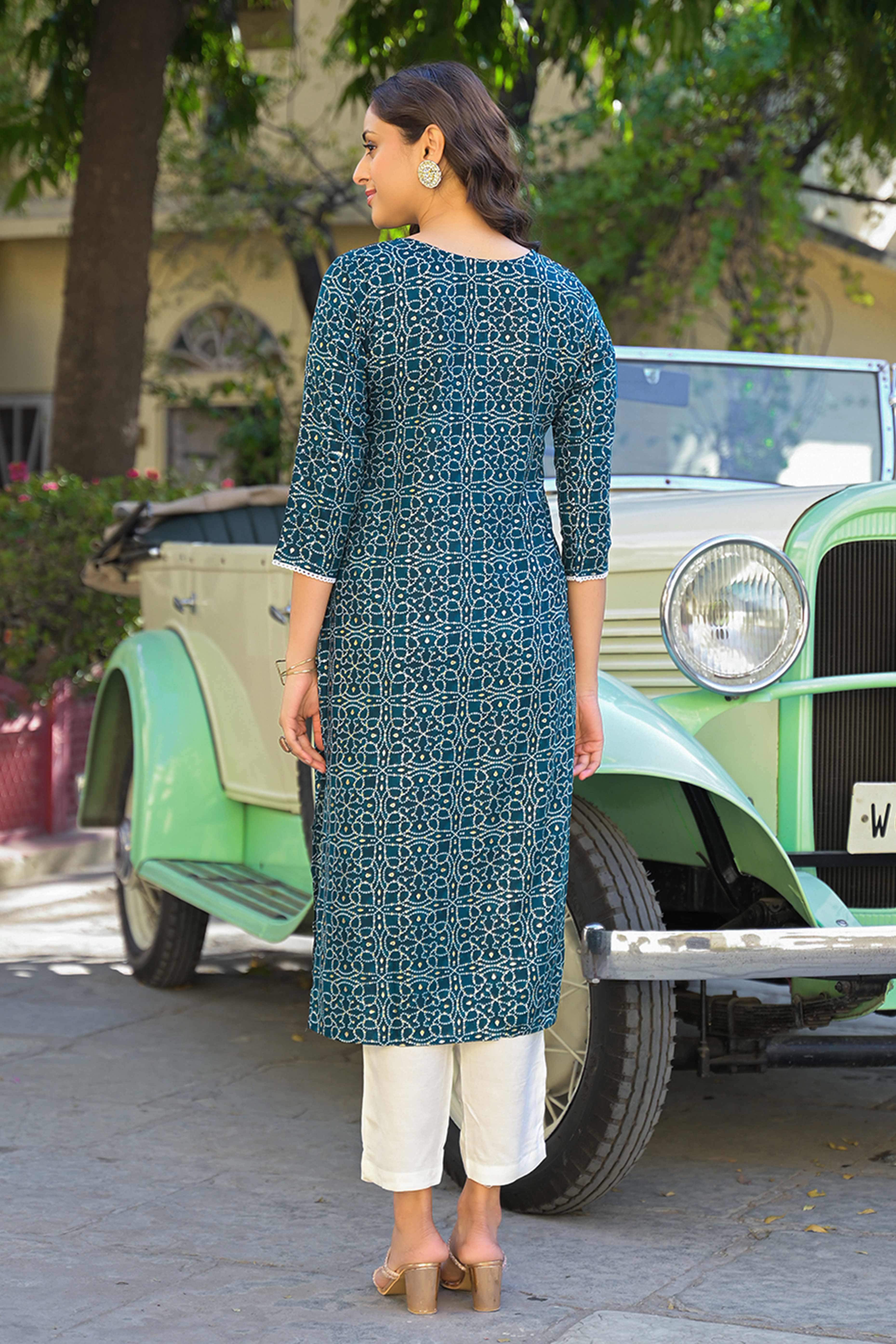Bottle Green Bandhani Printed Thread Work Rayon Straight Kurti - Image 5