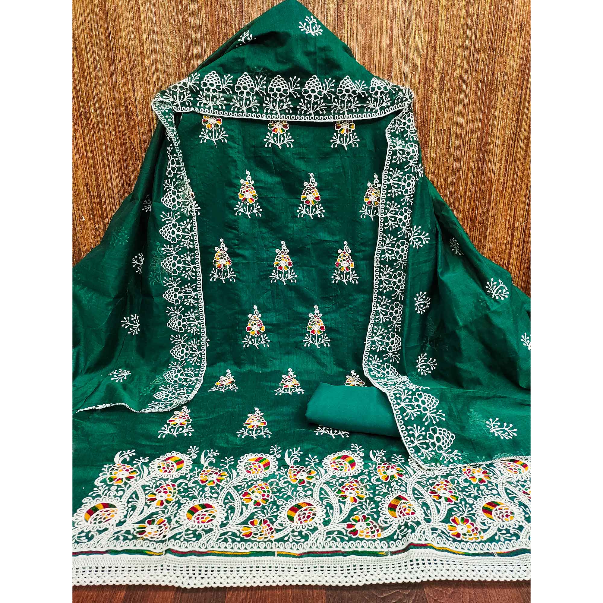 Bottle Green Chanderi Cotton Dress Material with Elegant Floral Thread Embroidery - Image 3