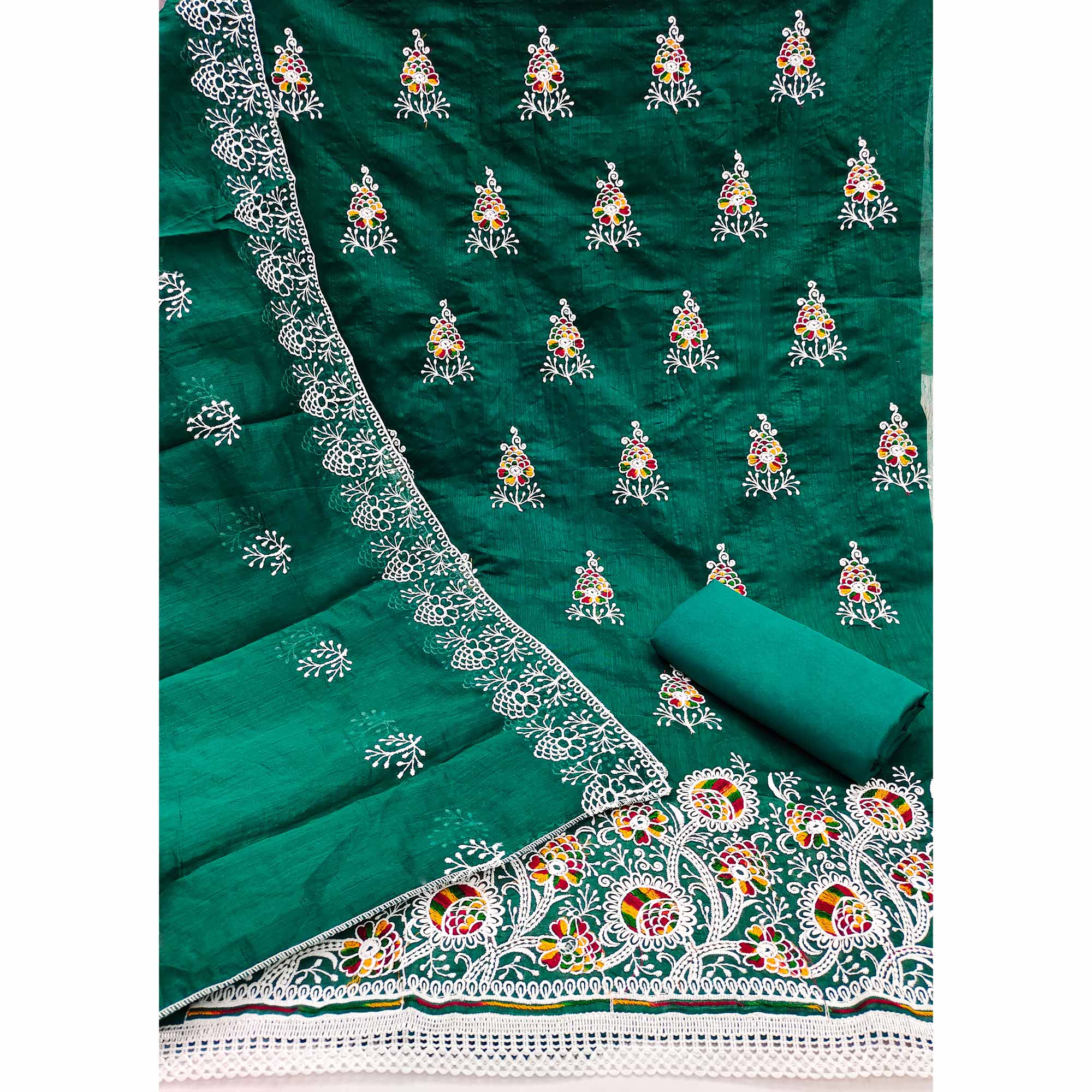 Bottle Green Chanderi Cotton Dress Material with Elegant Floral Thread Embroidery - Image 4