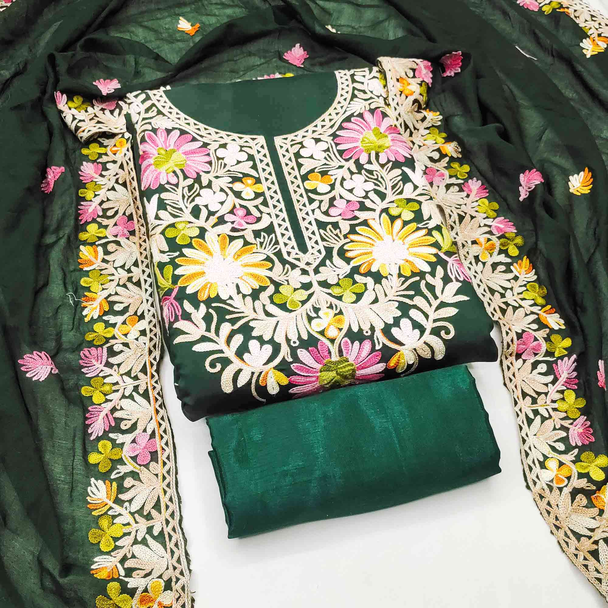 Bottle Green Designer Roman Art Silk Dress Material Adorned With Floral Thread Embroidery Work - Image 3