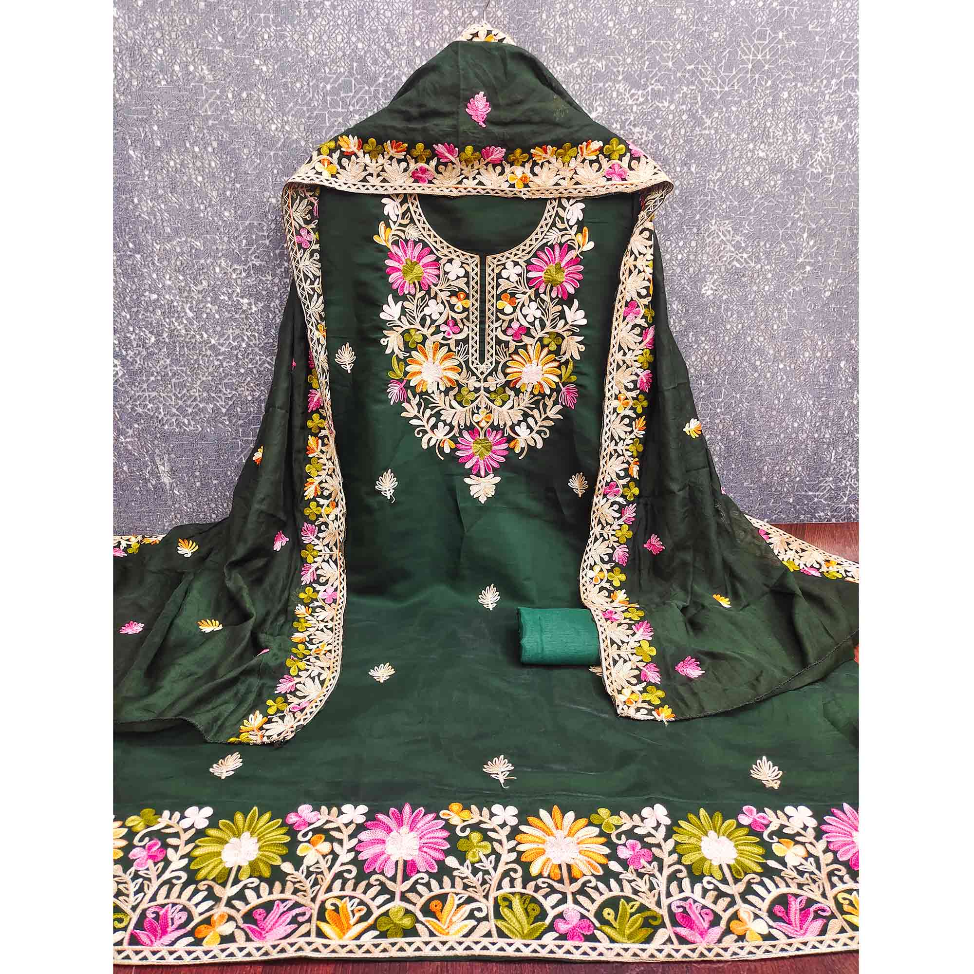 Bottle Green Designer Roman Art Silk Dress Material Adorned With Floral Thread Embroidery Work - Image 4
