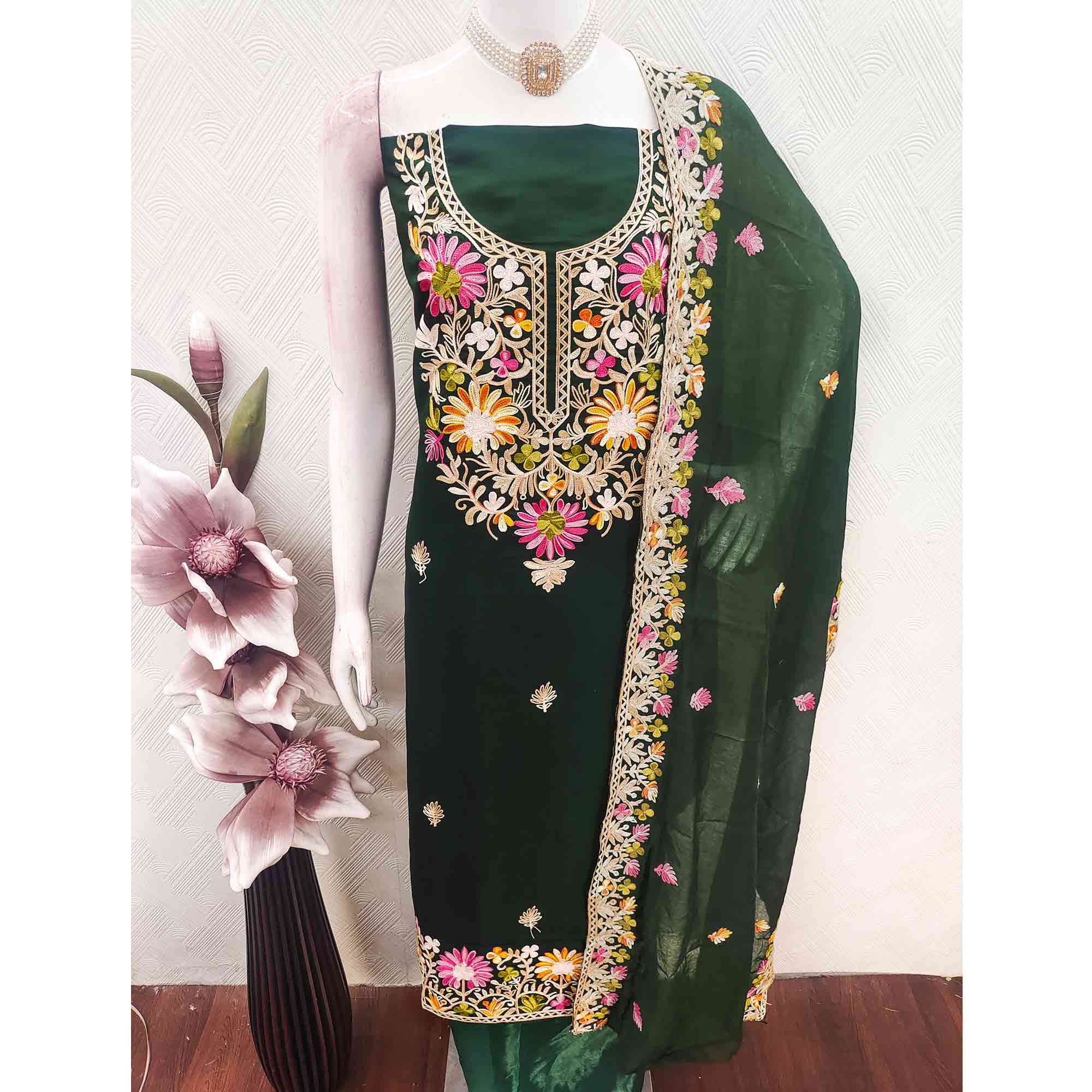 Bottle Green Designer Roman Art Silk Dress Material Adorned With Floral Thread Embroidery Work - Image 5