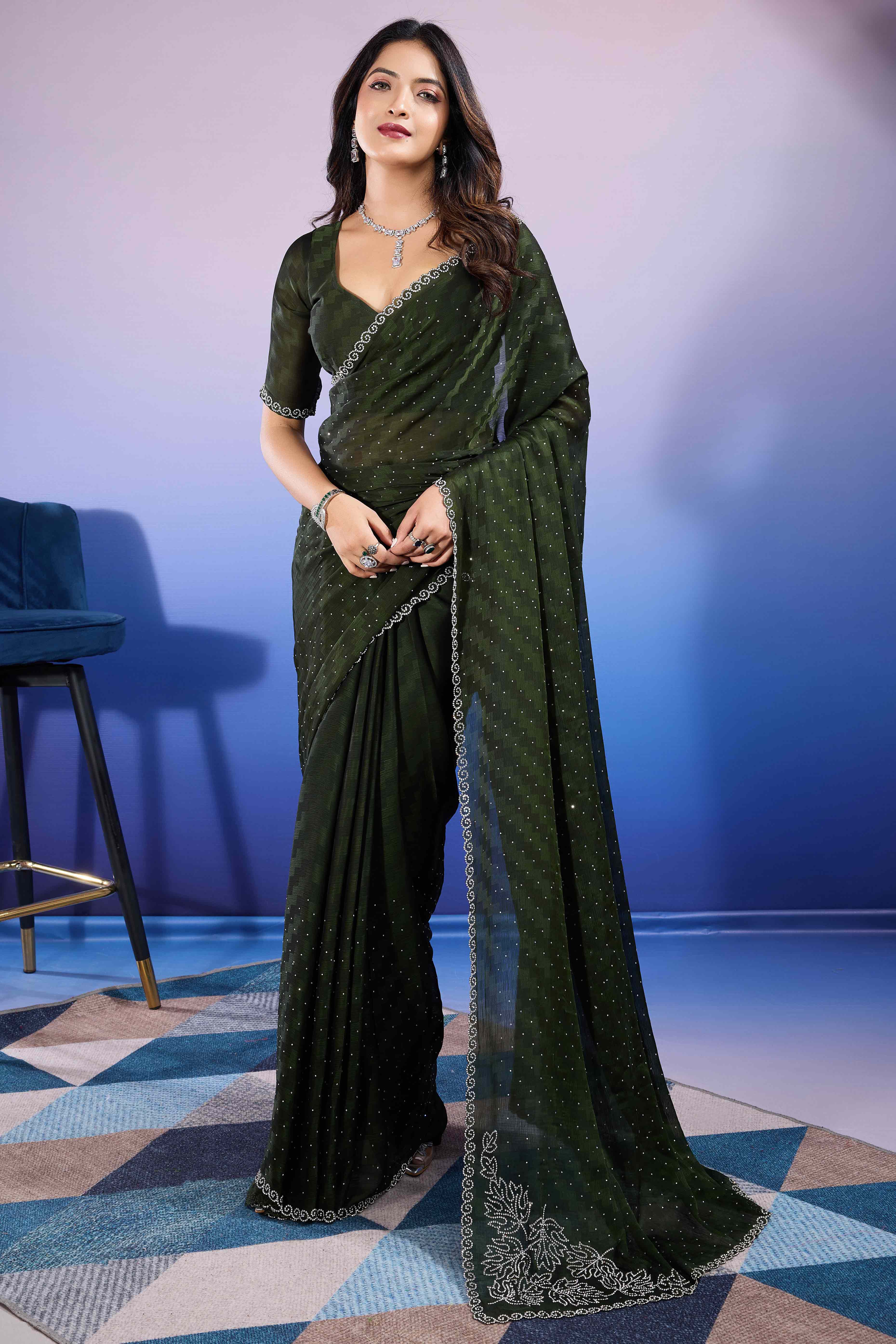 Bottle Green Diamond Zarkan Handwork Satin Chiffon Saree - Image 3