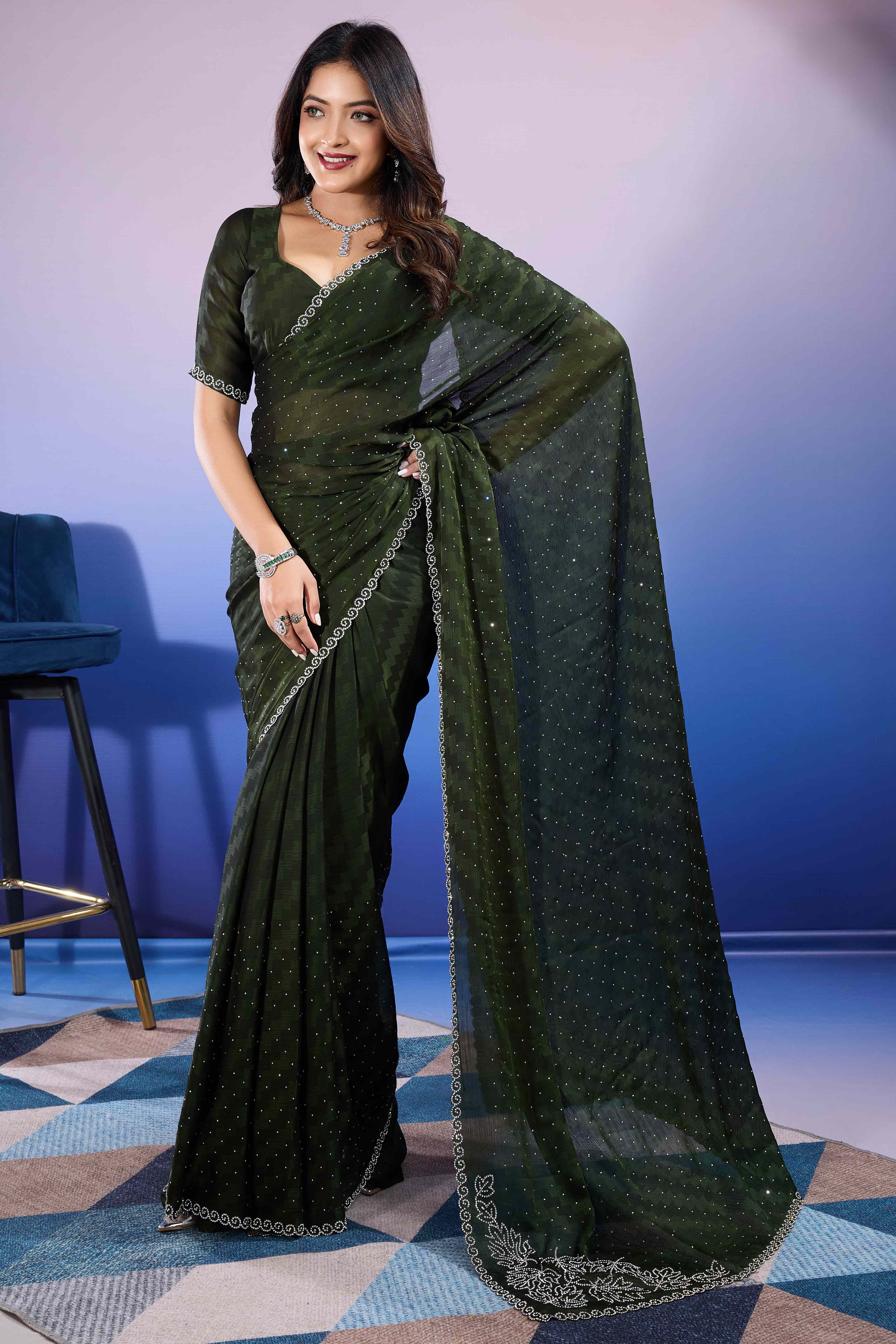 Bottle Green Diamond Zarkan Handwork Satin Chiffon Saree - Image 4