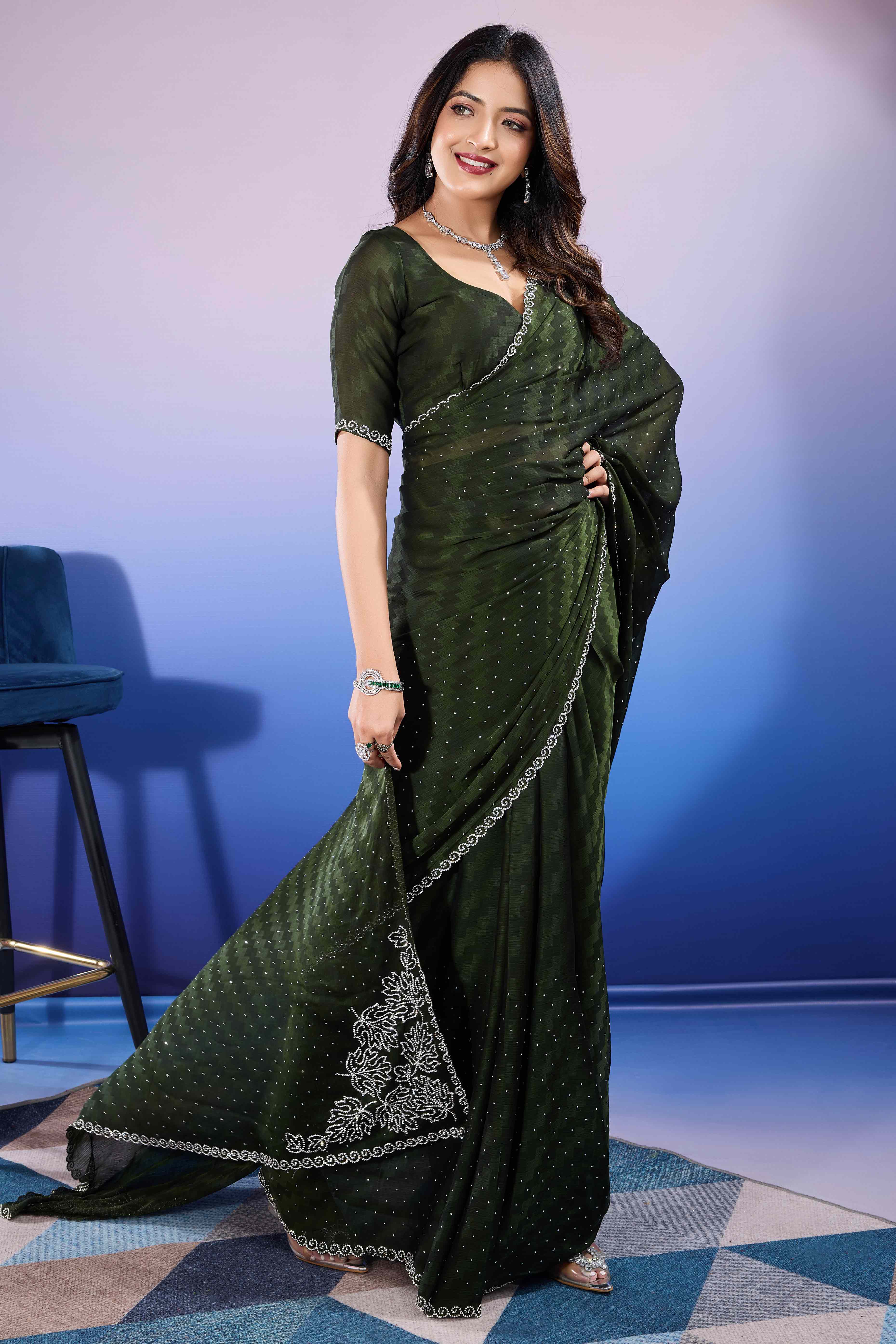 Bottle Green Diamond Zarkan Handwork Satin Chiffon Saree - Image 5