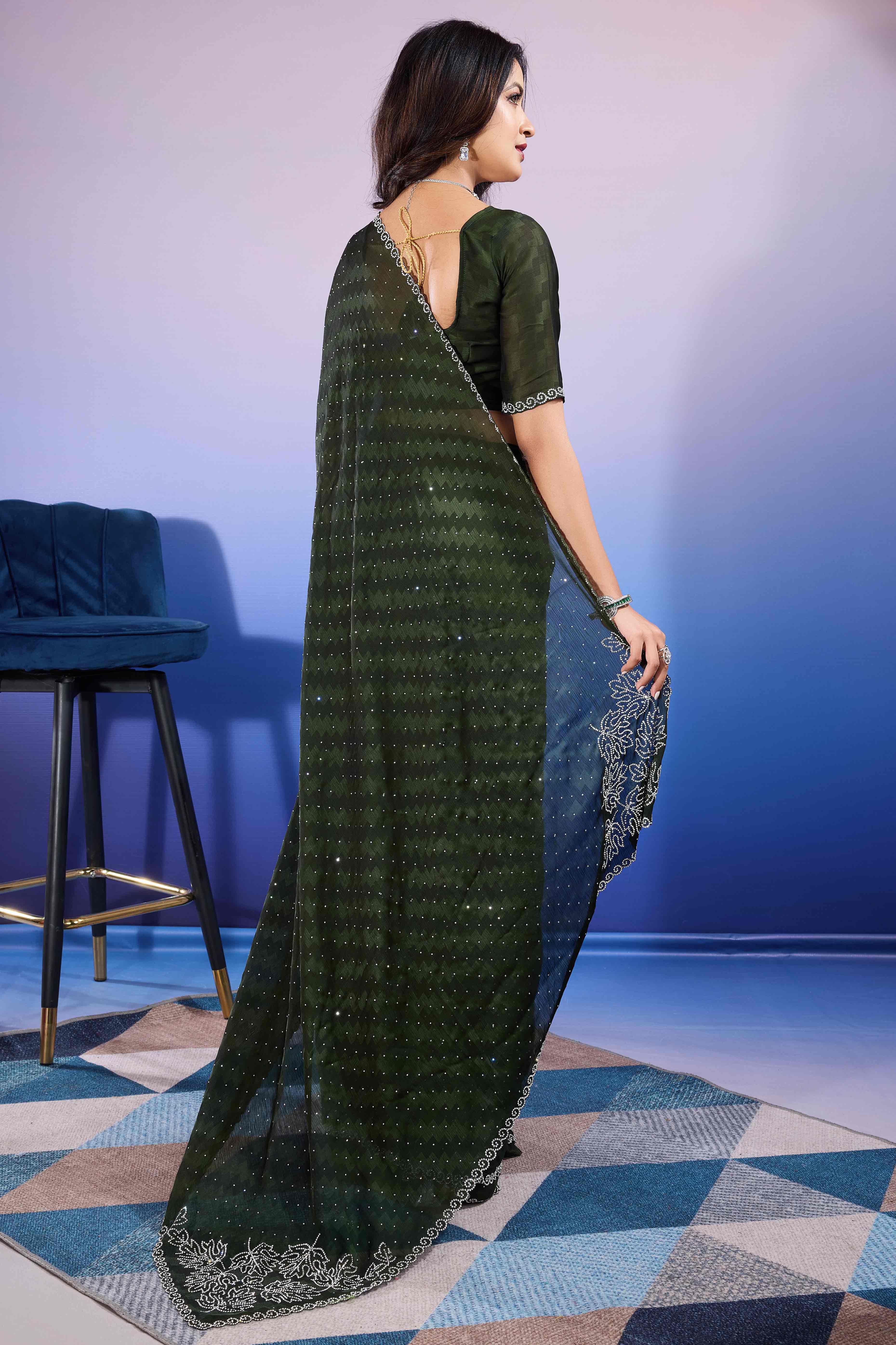 Bottle Green Diamond Zarkan Handwork Satin Chiffon Saree - Image 6