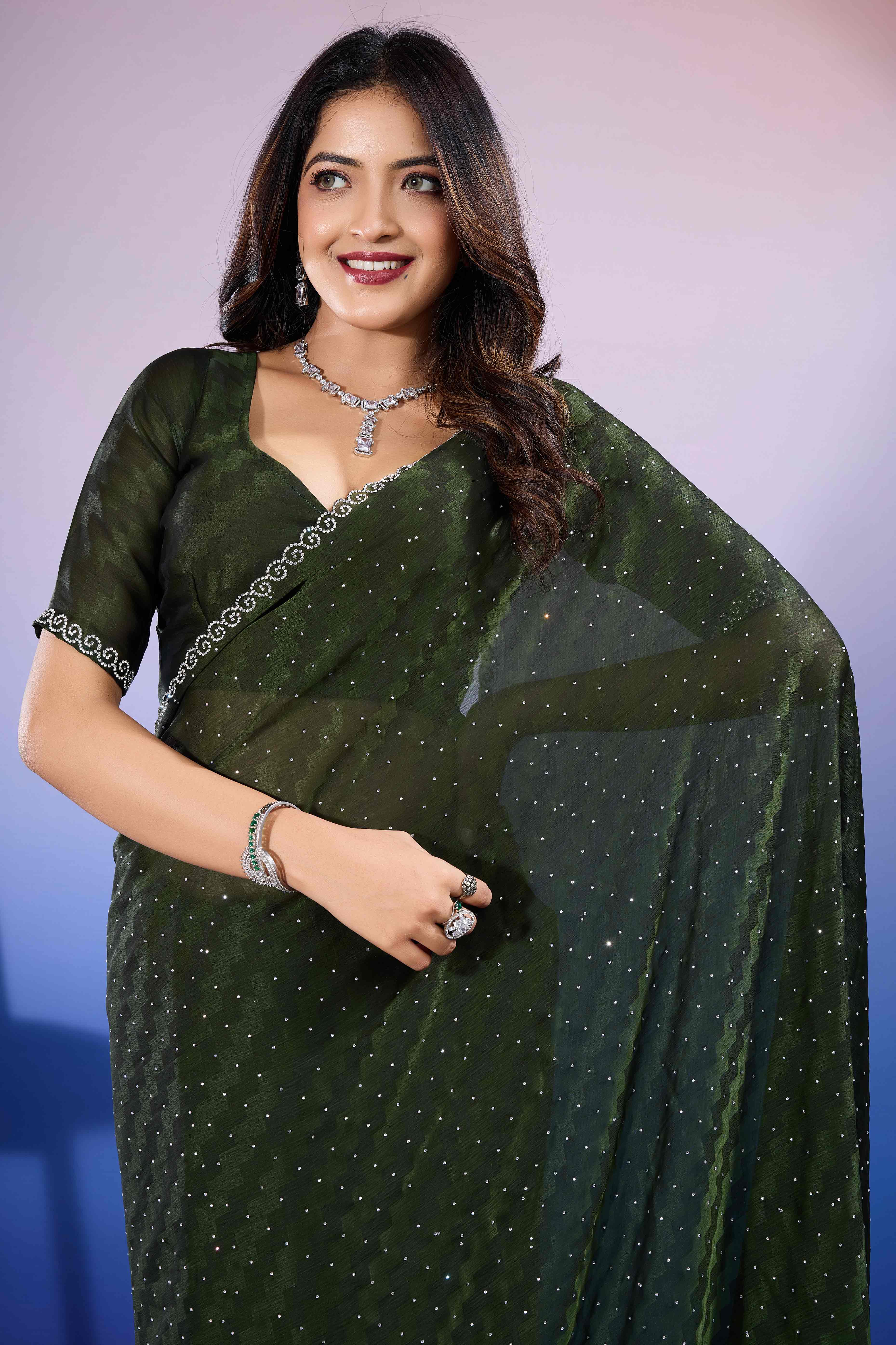 Bottle Green Diamond Zarkan Handwork Satin Chiffon Saree - Image 7