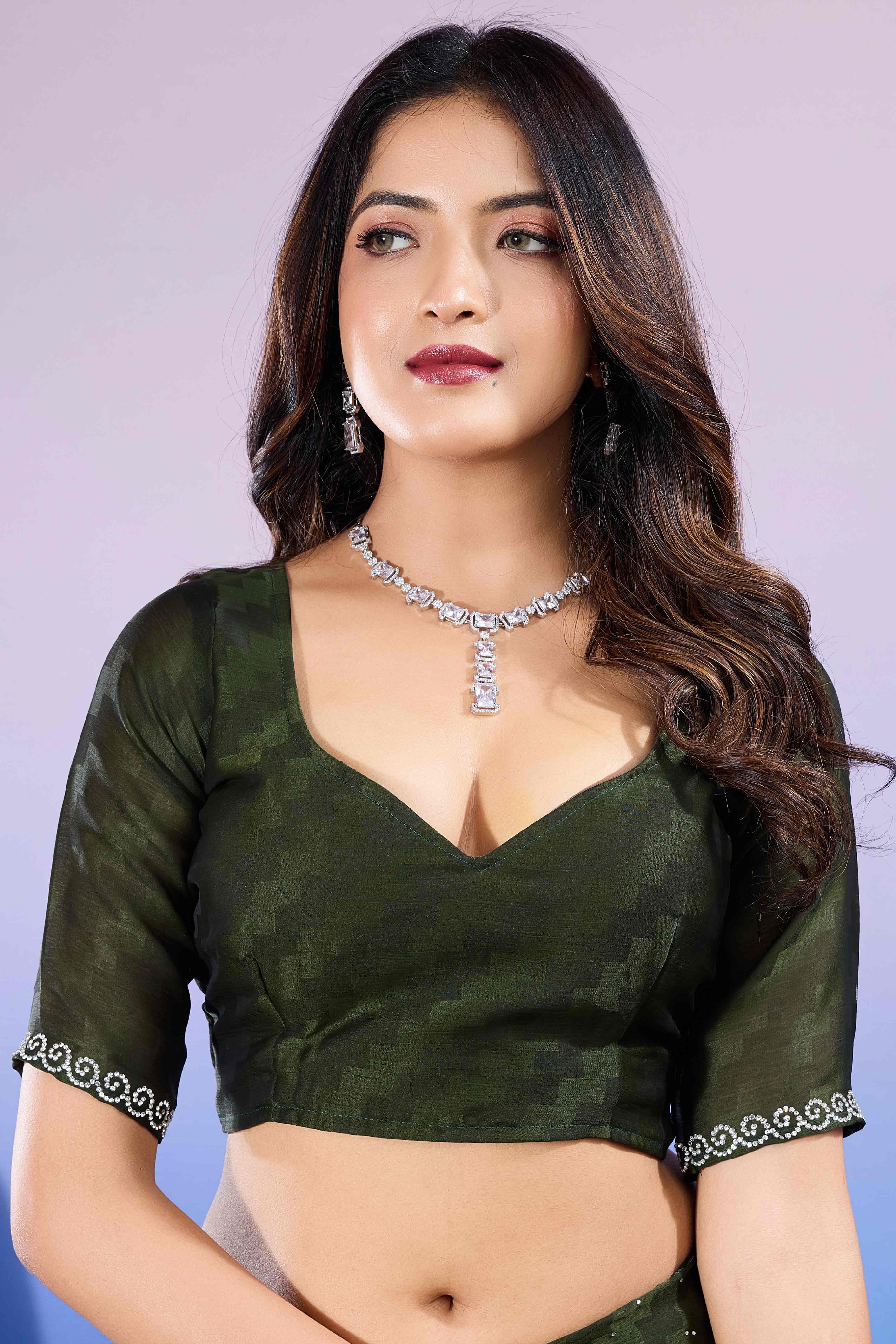Bottle Green Diamond Zarkan Handwork Satin Chiffon Saree - Image 8
