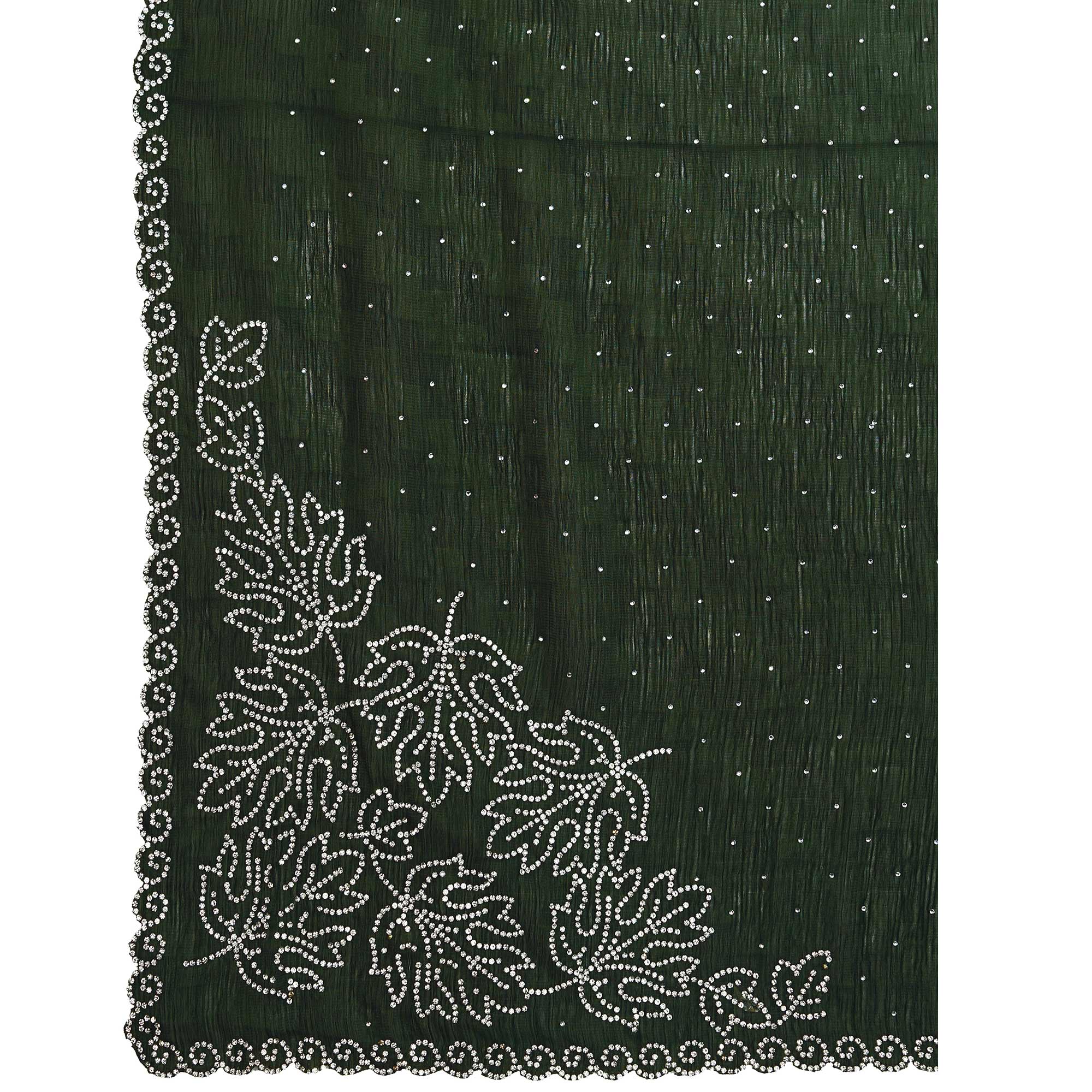 Bottle Green Diamond Zarkan Handwork Satin Chiffon Saree - Image 9