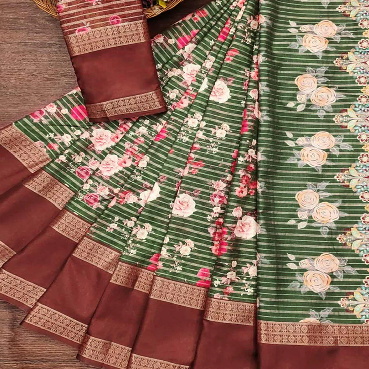 Bottle Green Floral Digital Printed Cotton Silk Saree - Image 2