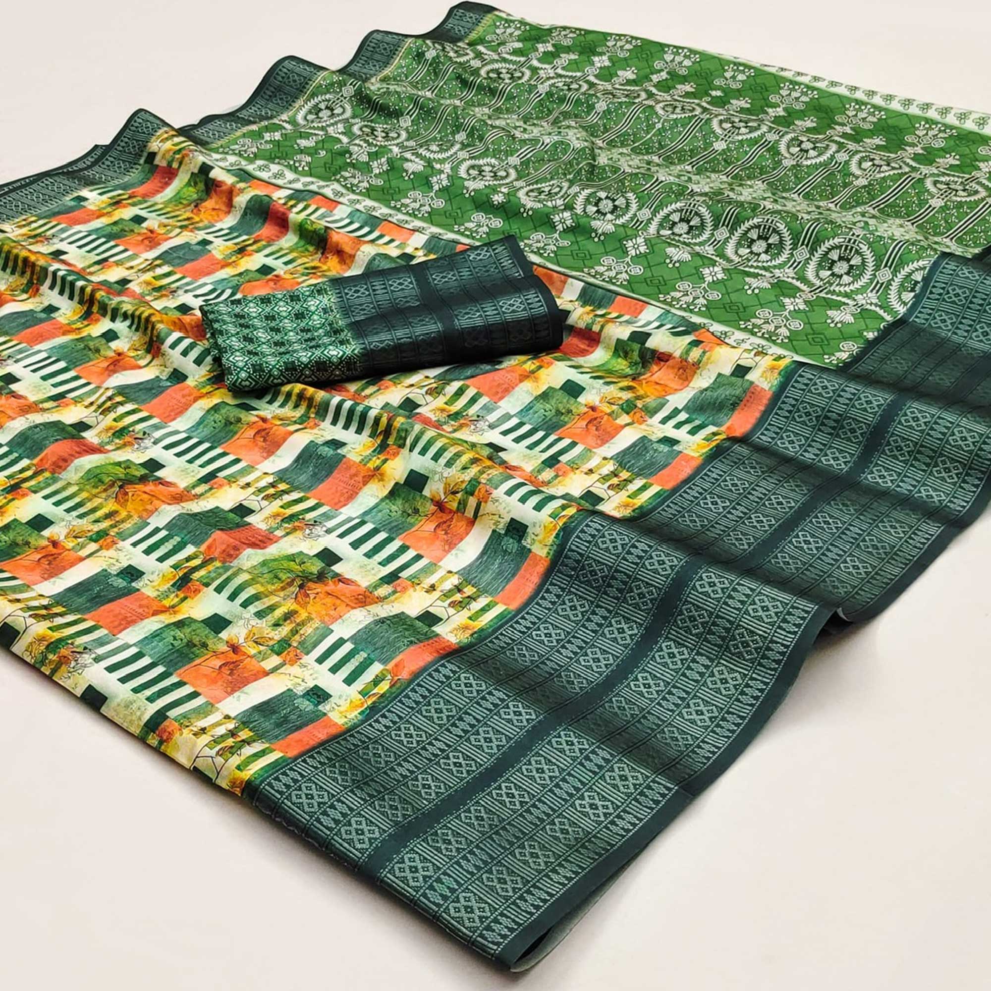 Bottle Green Floral Digital Printed Cotton Silk Saree - Image 3