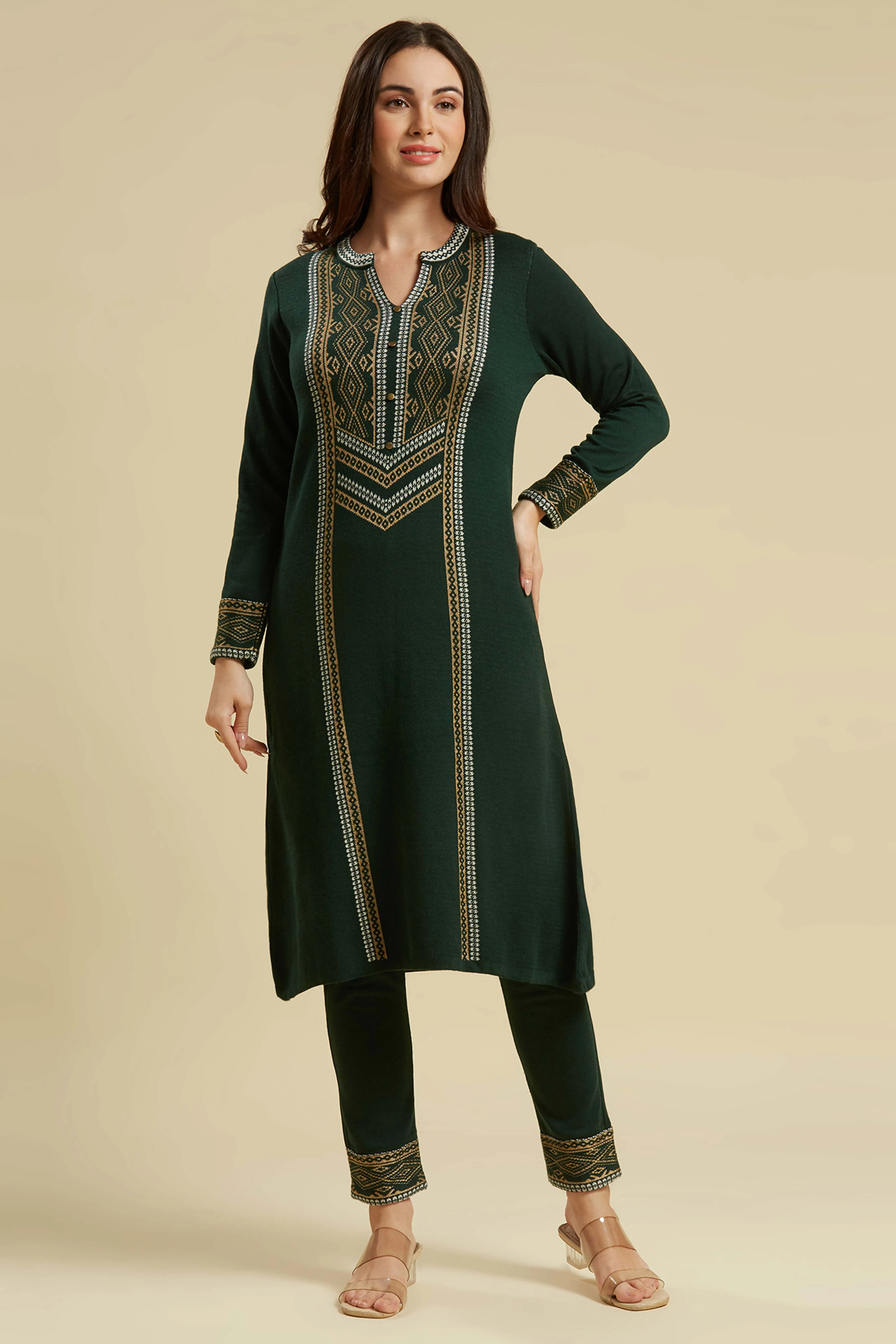 Bottle Green Floral Woolen Top Bottom Set - Image 3