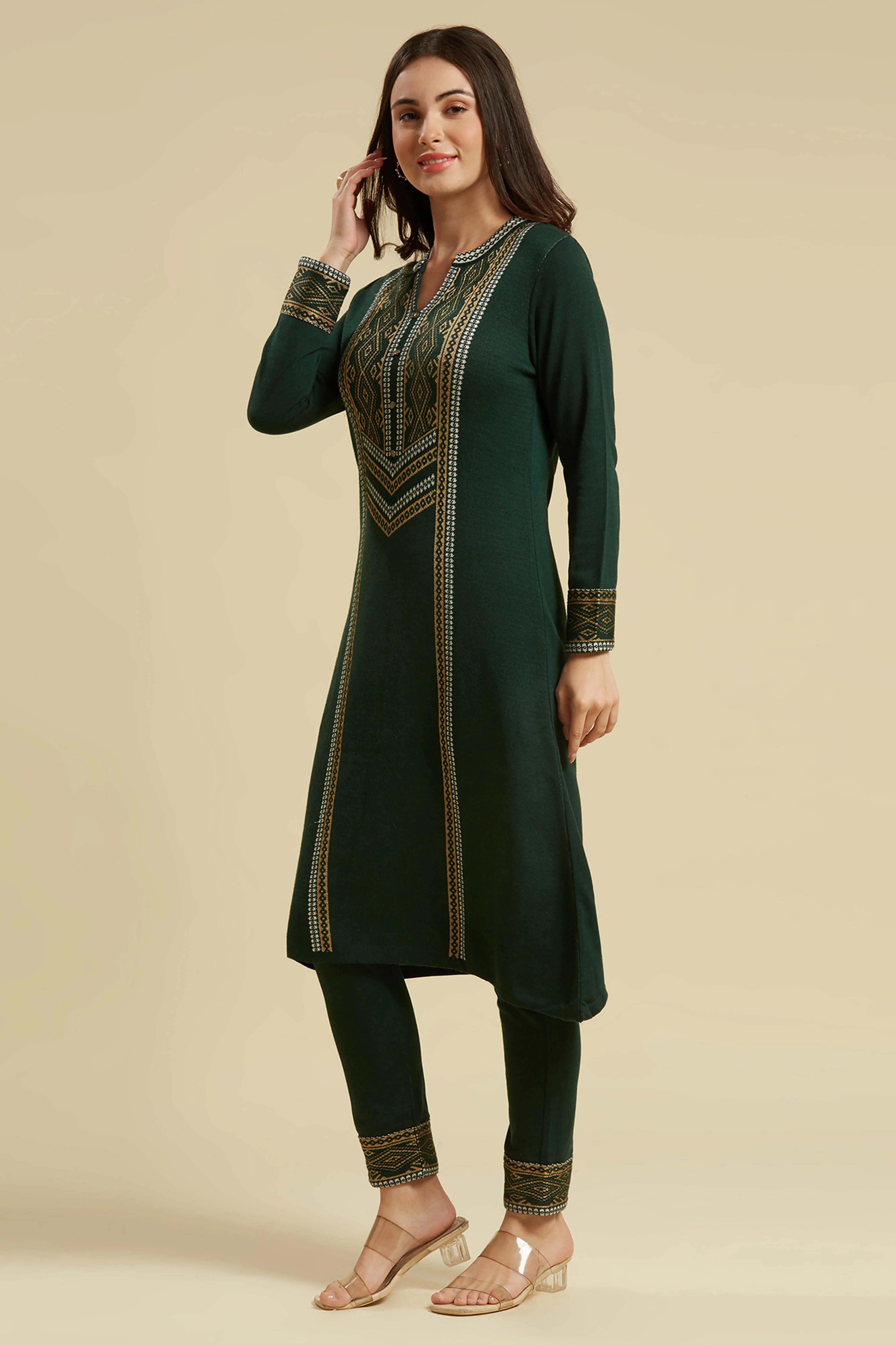 Bottle Green Floral Woolen Top Bottom Set - Image 4