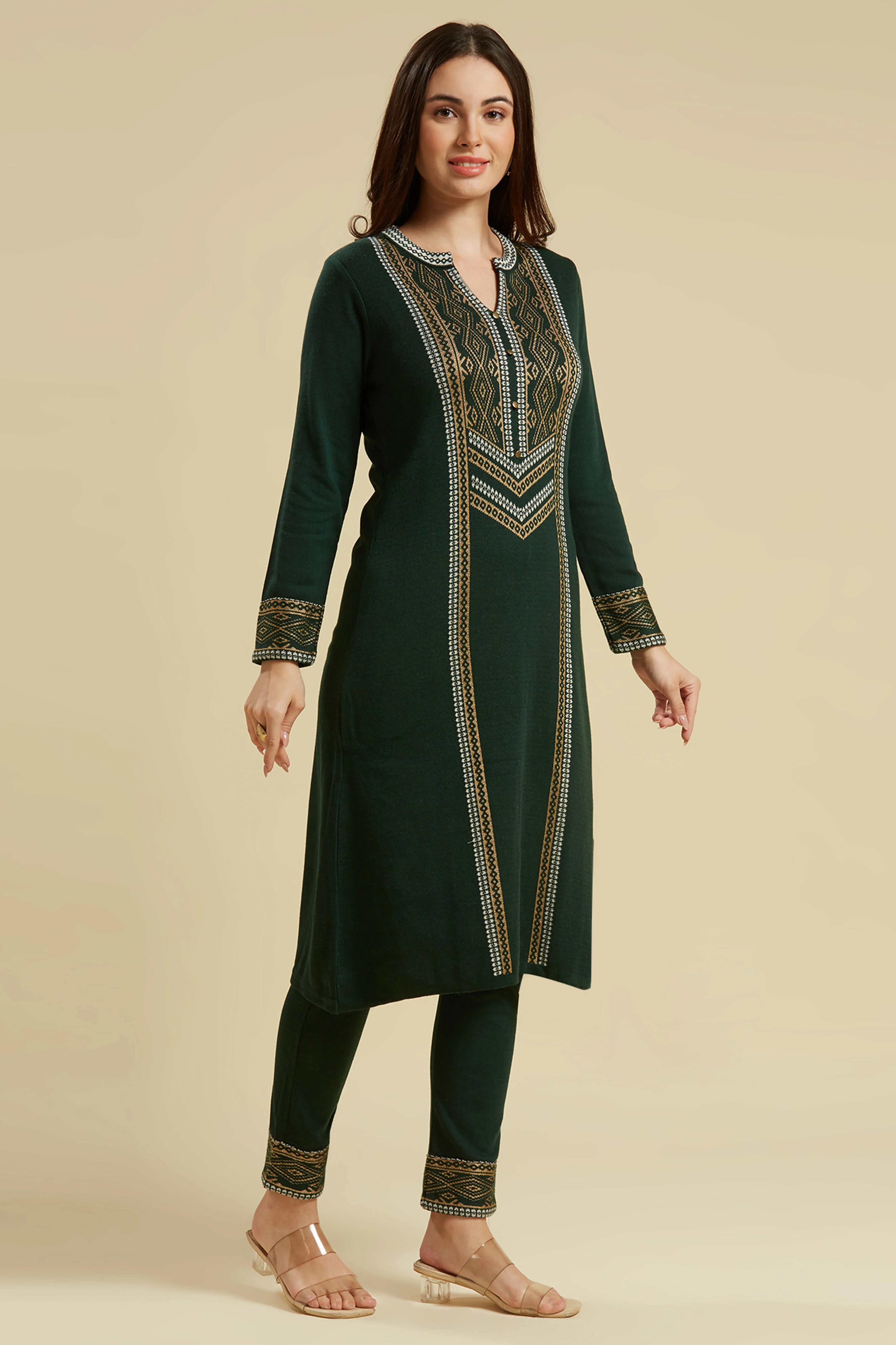 Bottle Green Floral Woolen Top Bottom Set - Image 5