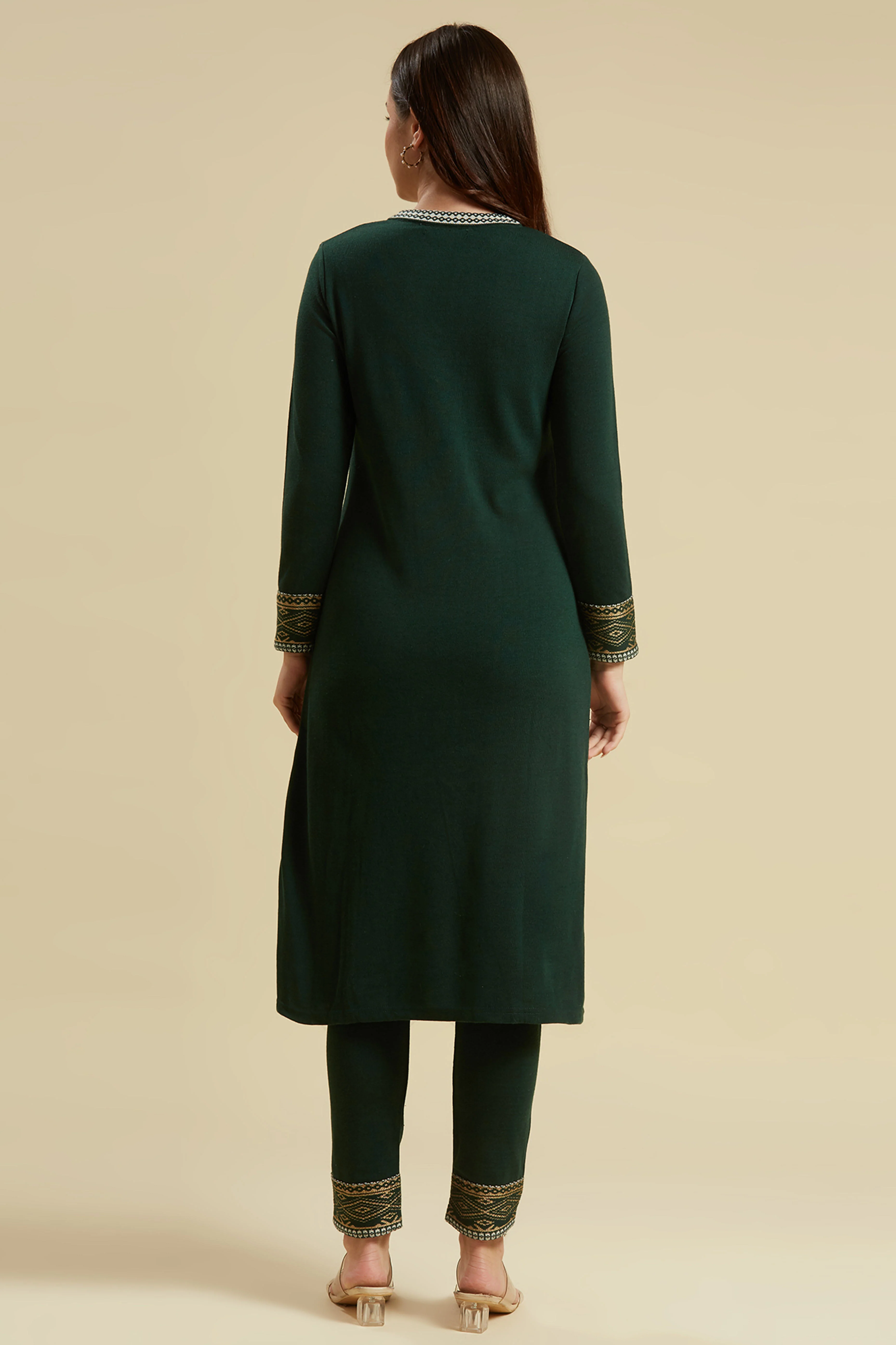 Bottle Green Floral Woolen Top Bottom Set - Image 6