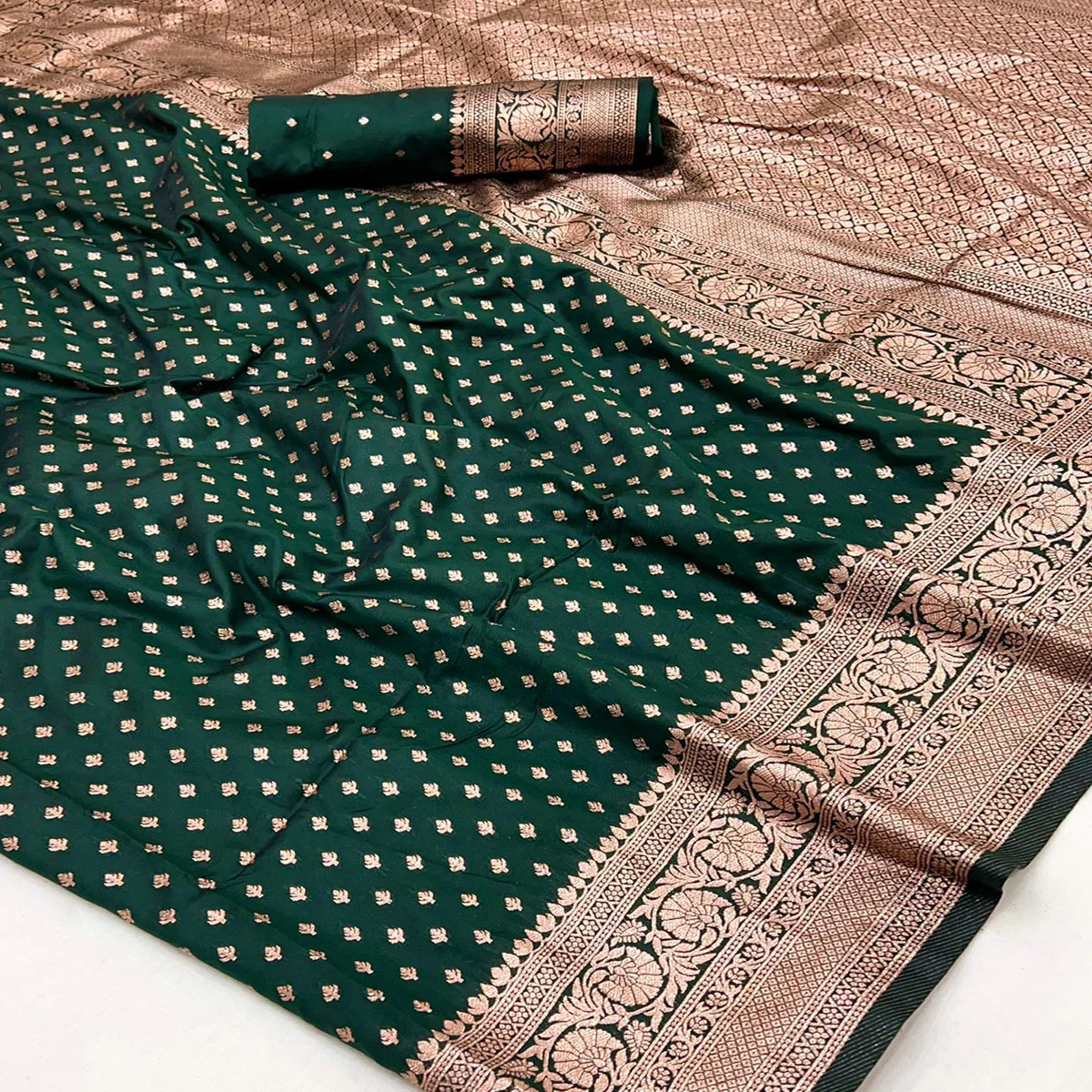 Bottle Green Floral Woven Banarasi Silk Saree - Image 2