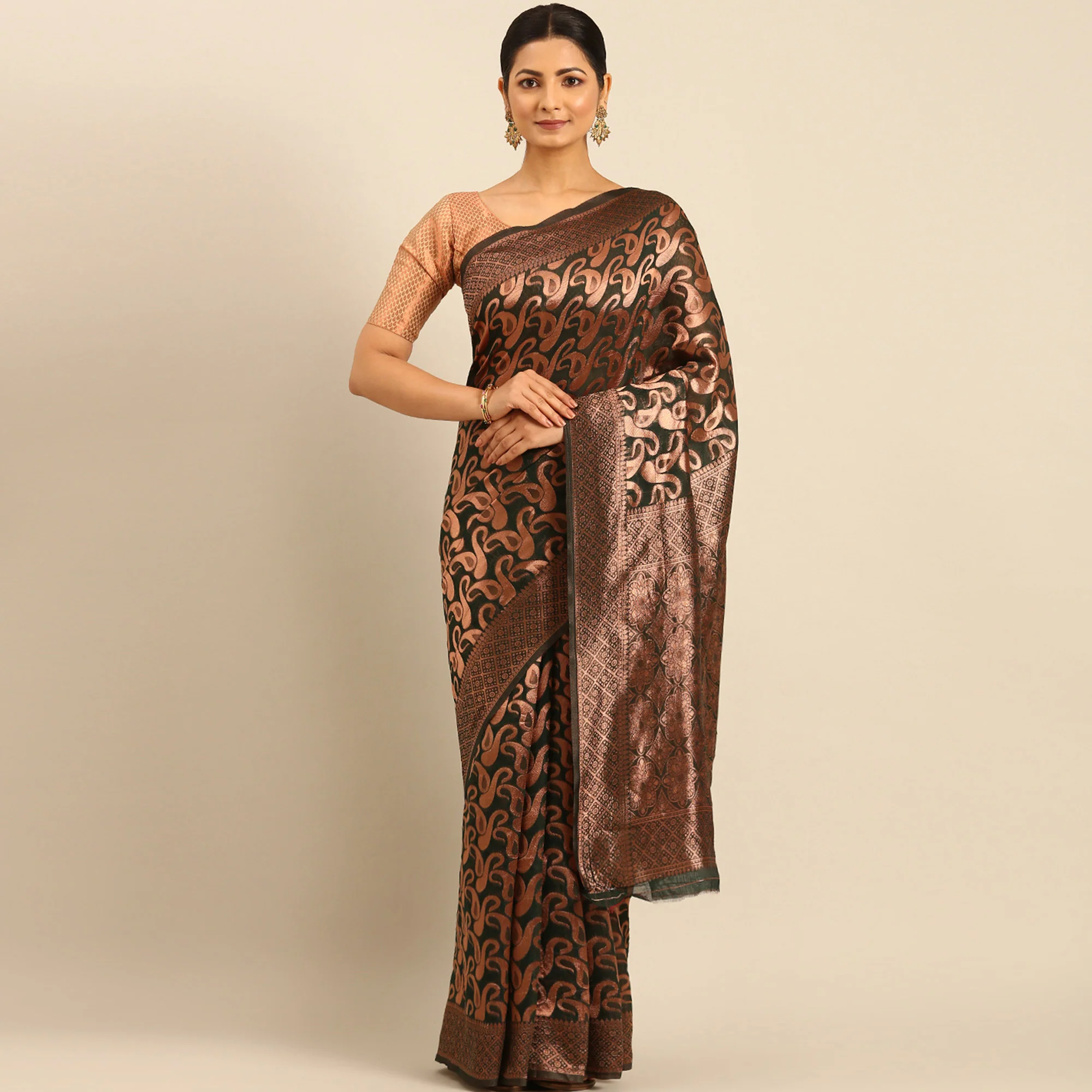 Bottle Green Floral Woven Cotton Silk Saree - Image 2