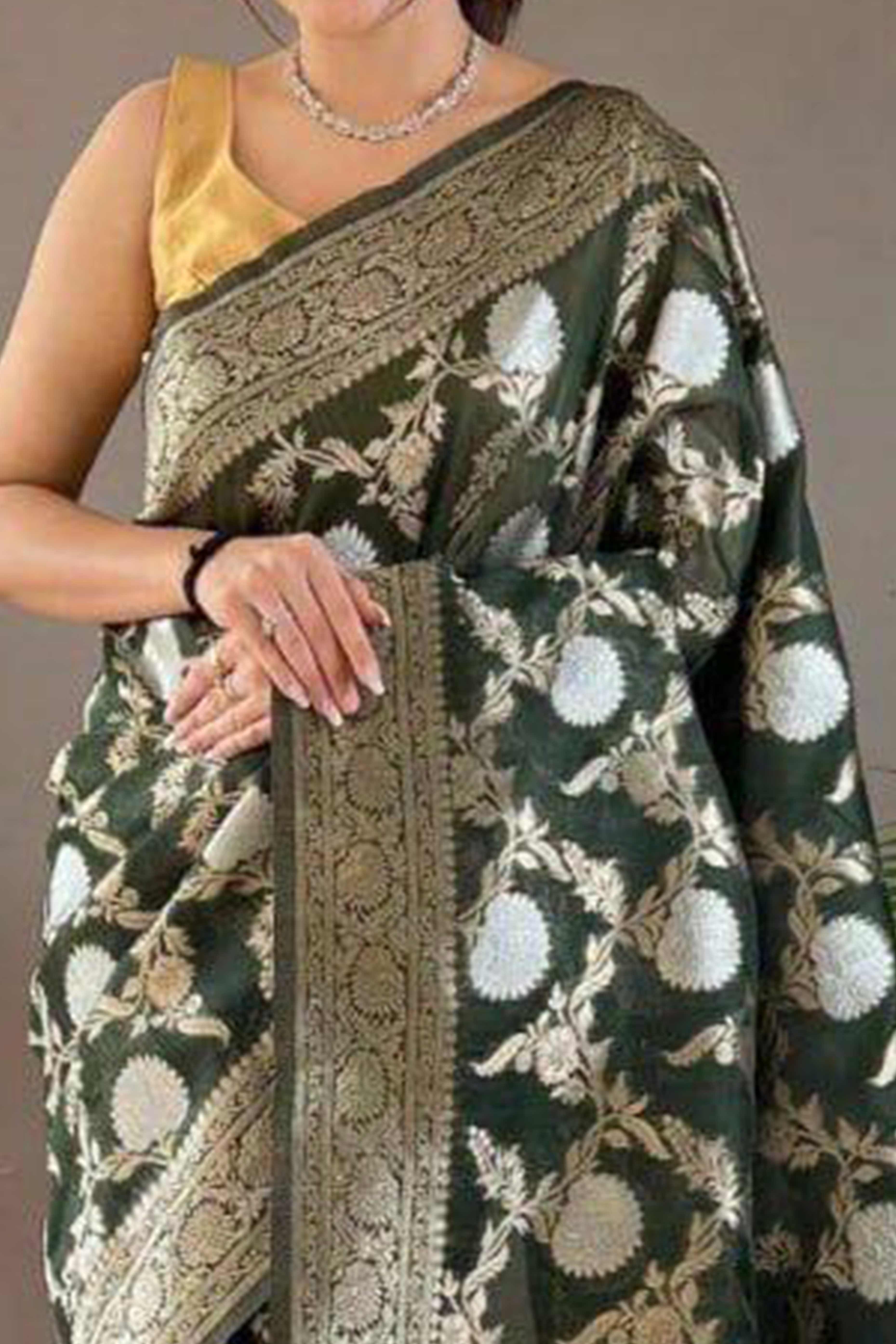 Bottle Green Floral Woven Cotton Silk Saree - Image 2