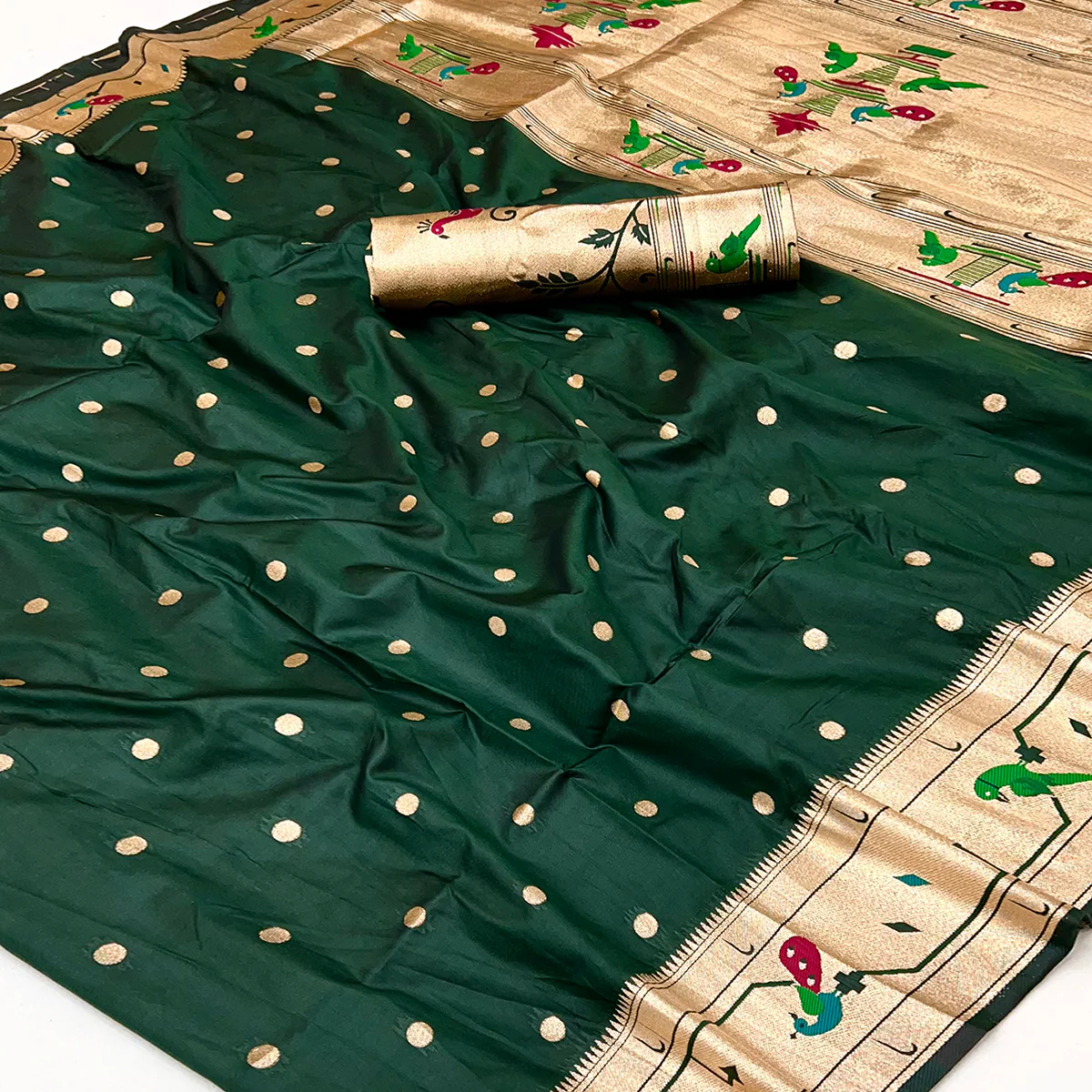 Bottle Green Floral Zari Weaving Work Silk Blend Paithani Saree With Traditional Charm - Image 2