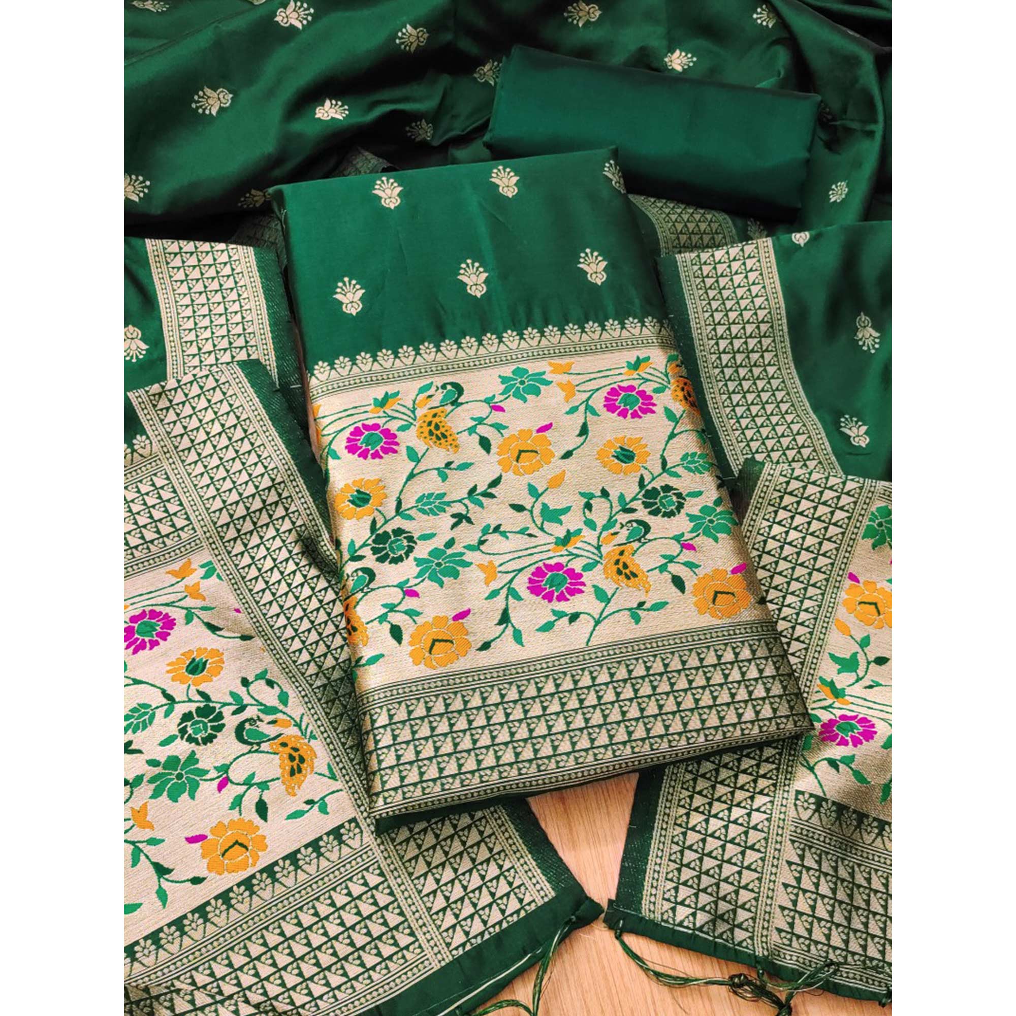 Bottle Green Floral Zari Woven Banarasi Silk Dress Material - Image 3