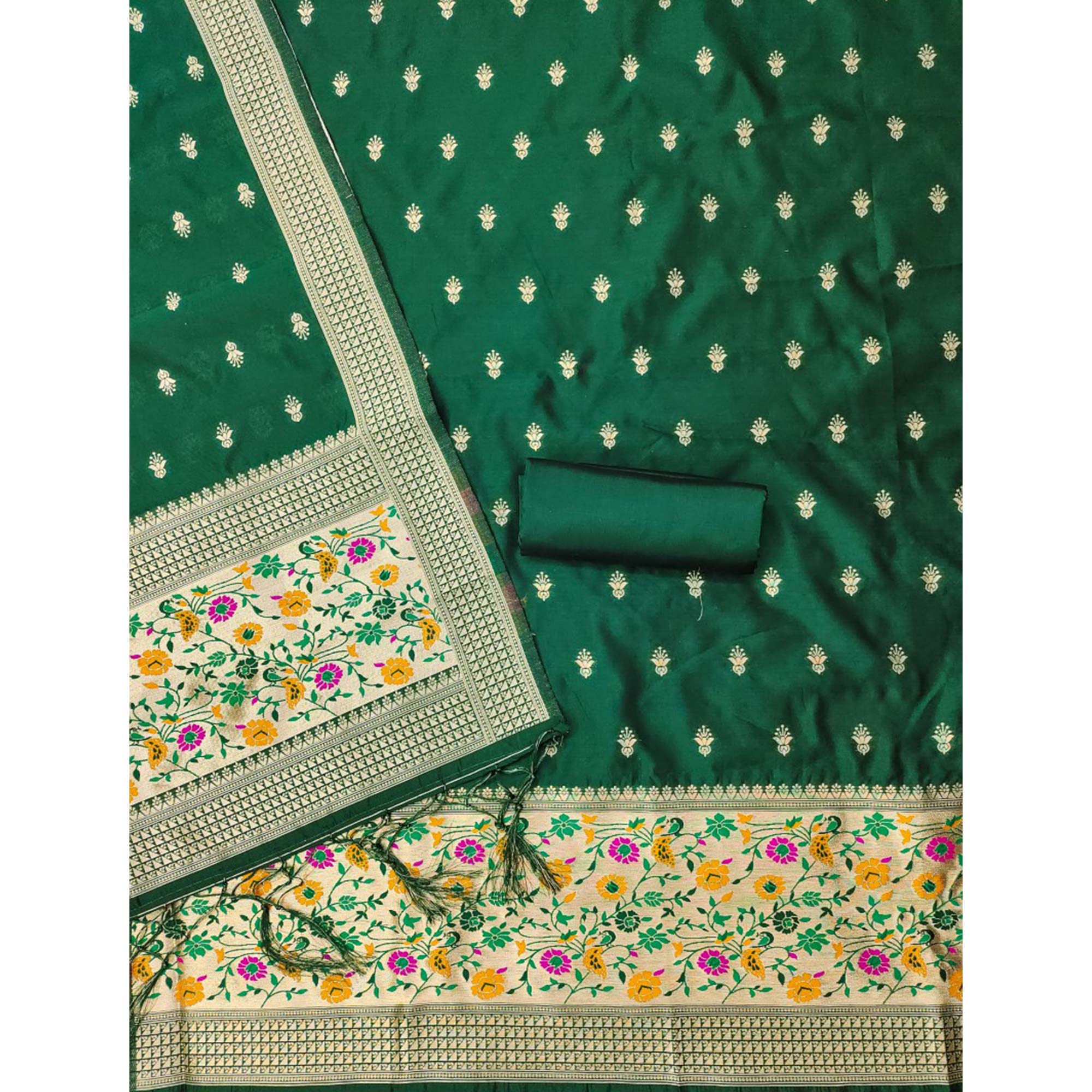 Bottle Green Floral Zari Woven Banarasi Silk Dress Material - Image 4