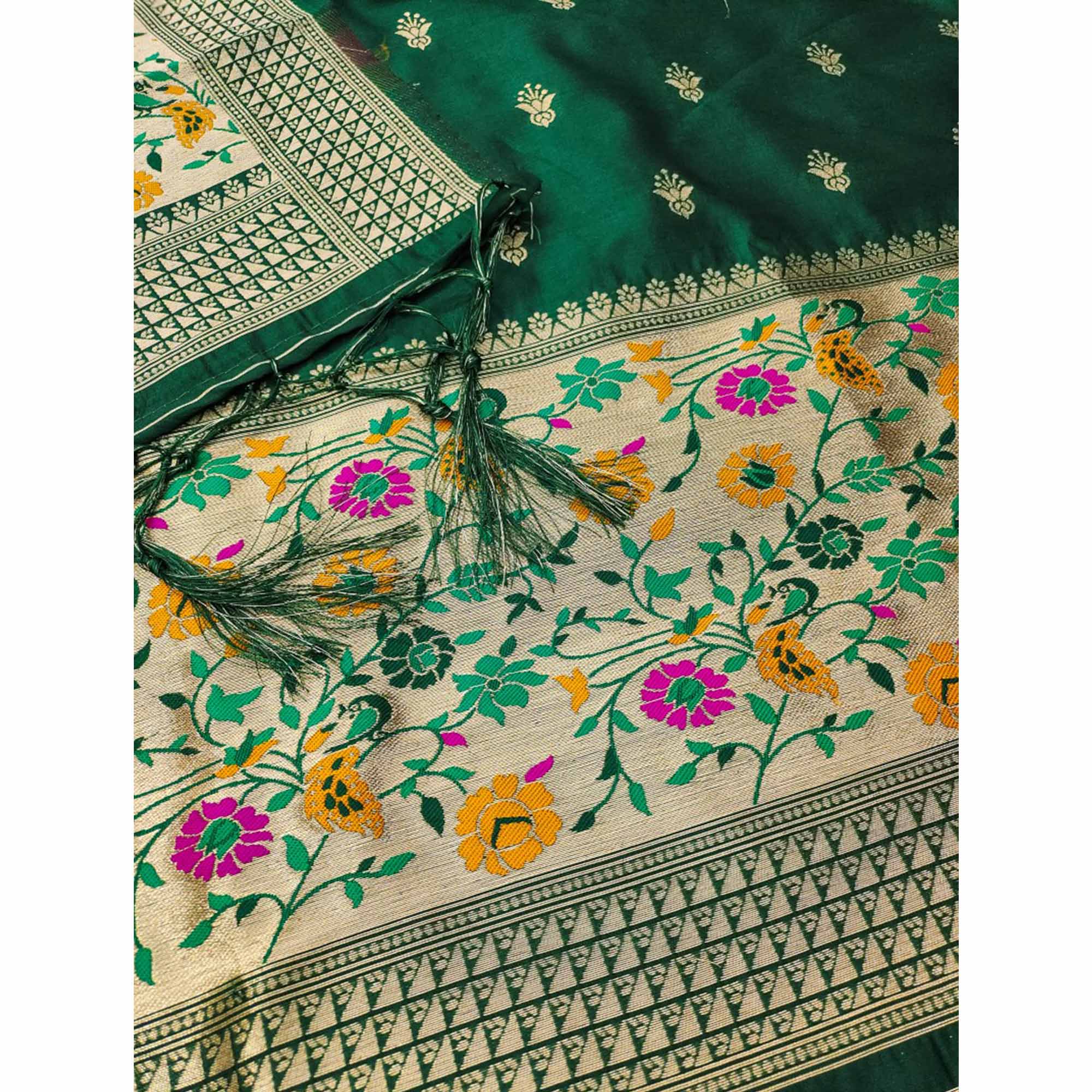 Bottle Green Floral Zari Woven Banarasi Silk Dress Material - Image 5
