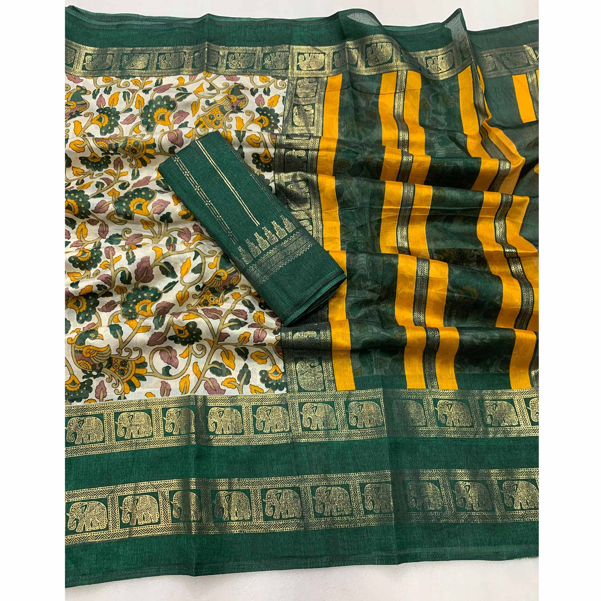 Bottle Green Kalamkari Printed Dola Silk Saree - Image 3