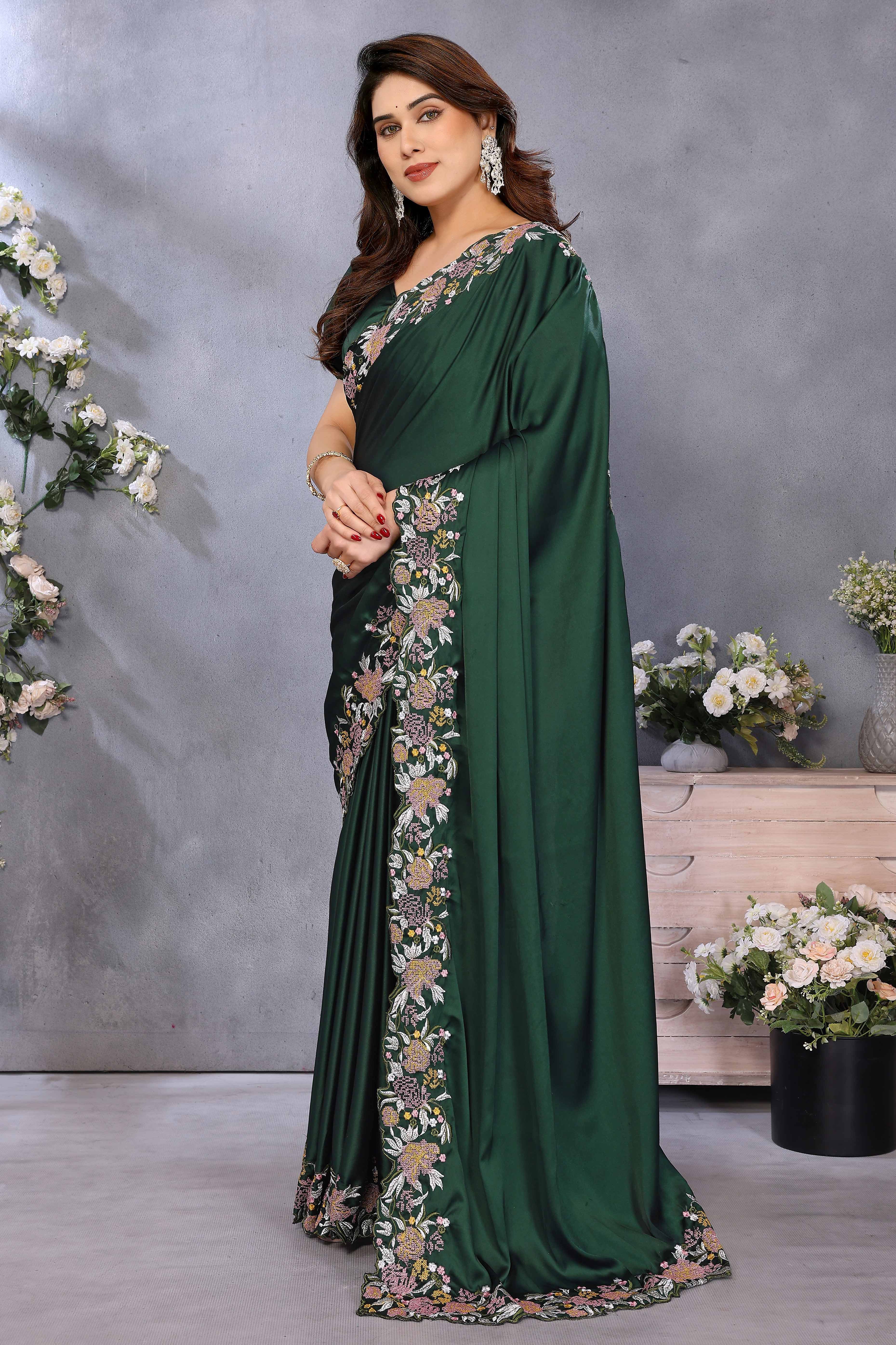 Bottle Green Satin Saree with Delicate Floral Embroidery and Intricate Resham Work - Image 4