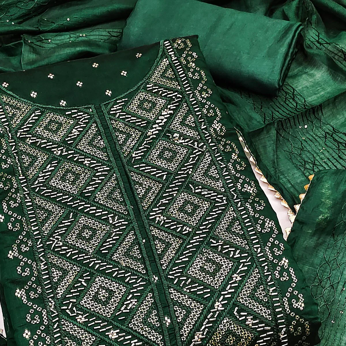Bottle Green Shimmer Dress Material Featuring Zari Weaving & Beads Work - Image 2