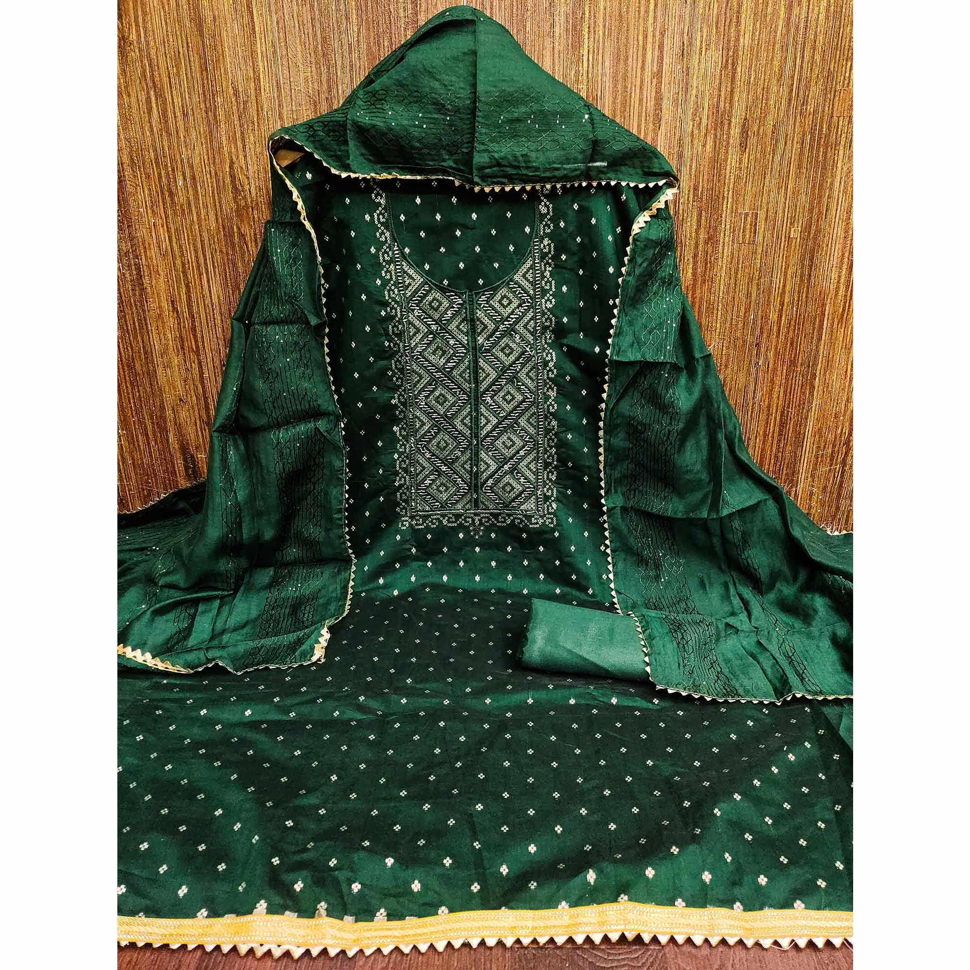 Bottle Green Shimmer Dress Material Featuring Zari Weaving & Beads Work - Image 4