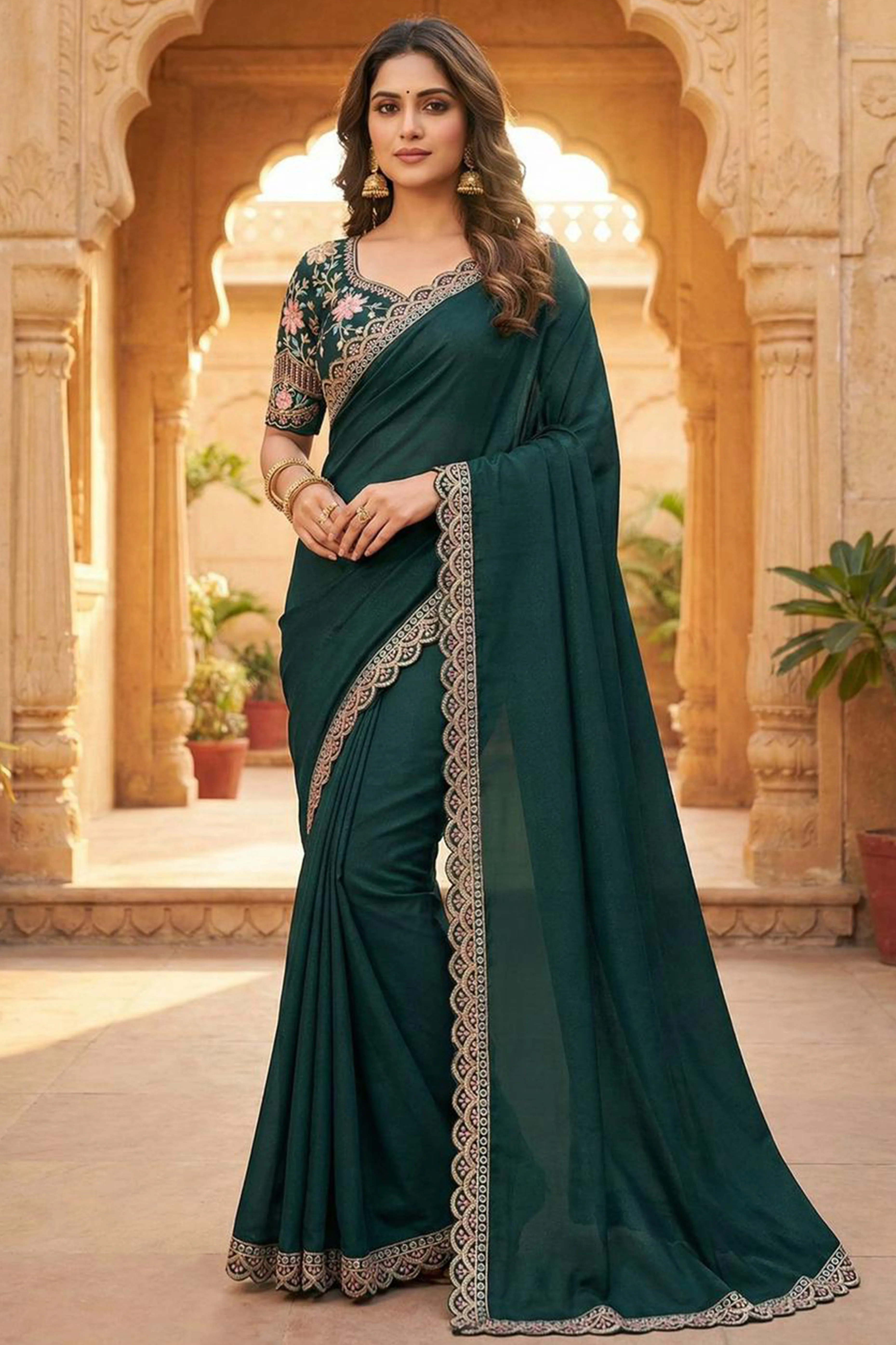 Bottle Green Solid Georgette Saree With Embroidered Blouse Piece And Embroidered Border - Image 4